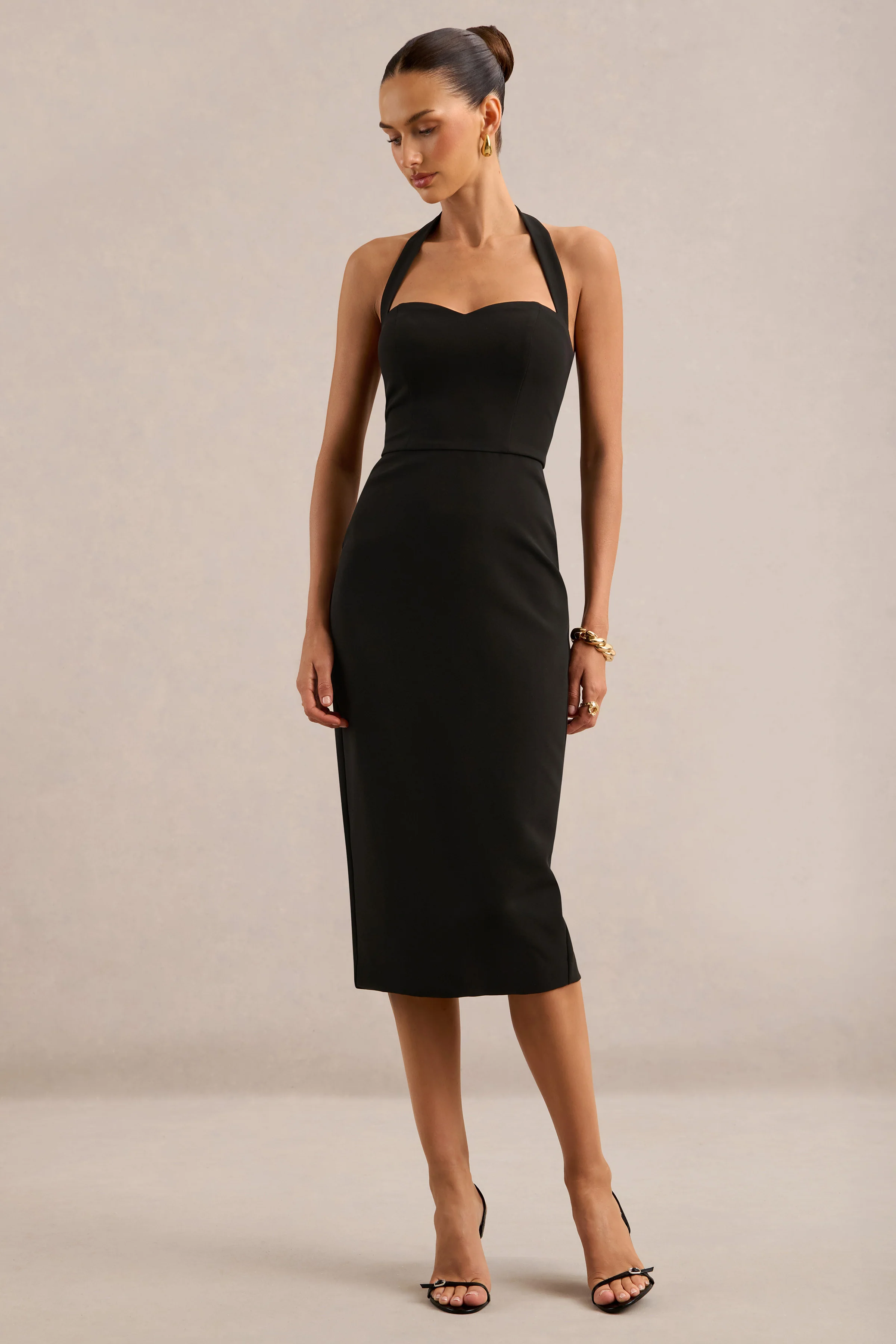 Ailith | Black Sweetheart Neck Midi Dress With Tie Back And Back Split