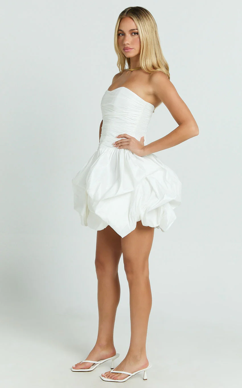 Deb Mini Dress - Ruched Strapless Bubble Hem Dress in Off White