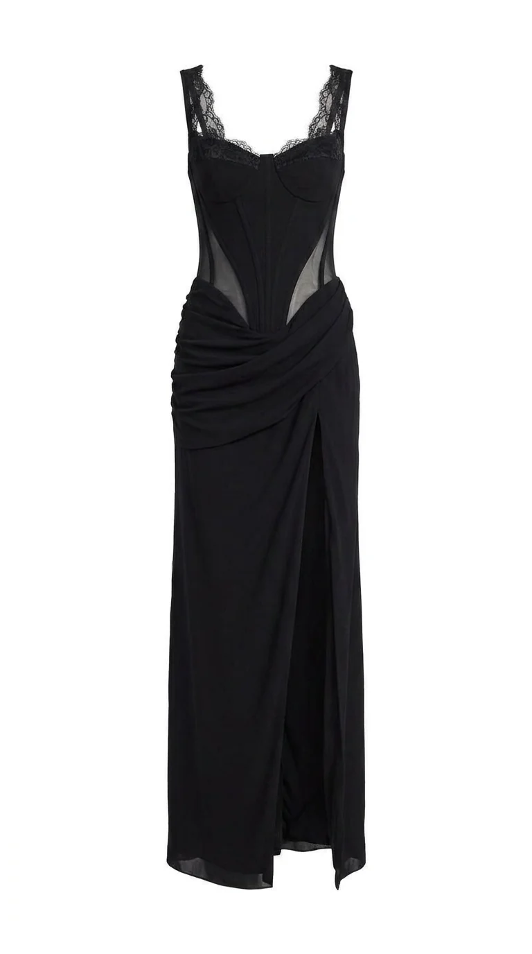 Black Maxi Dress with Corset Bodice and Slit