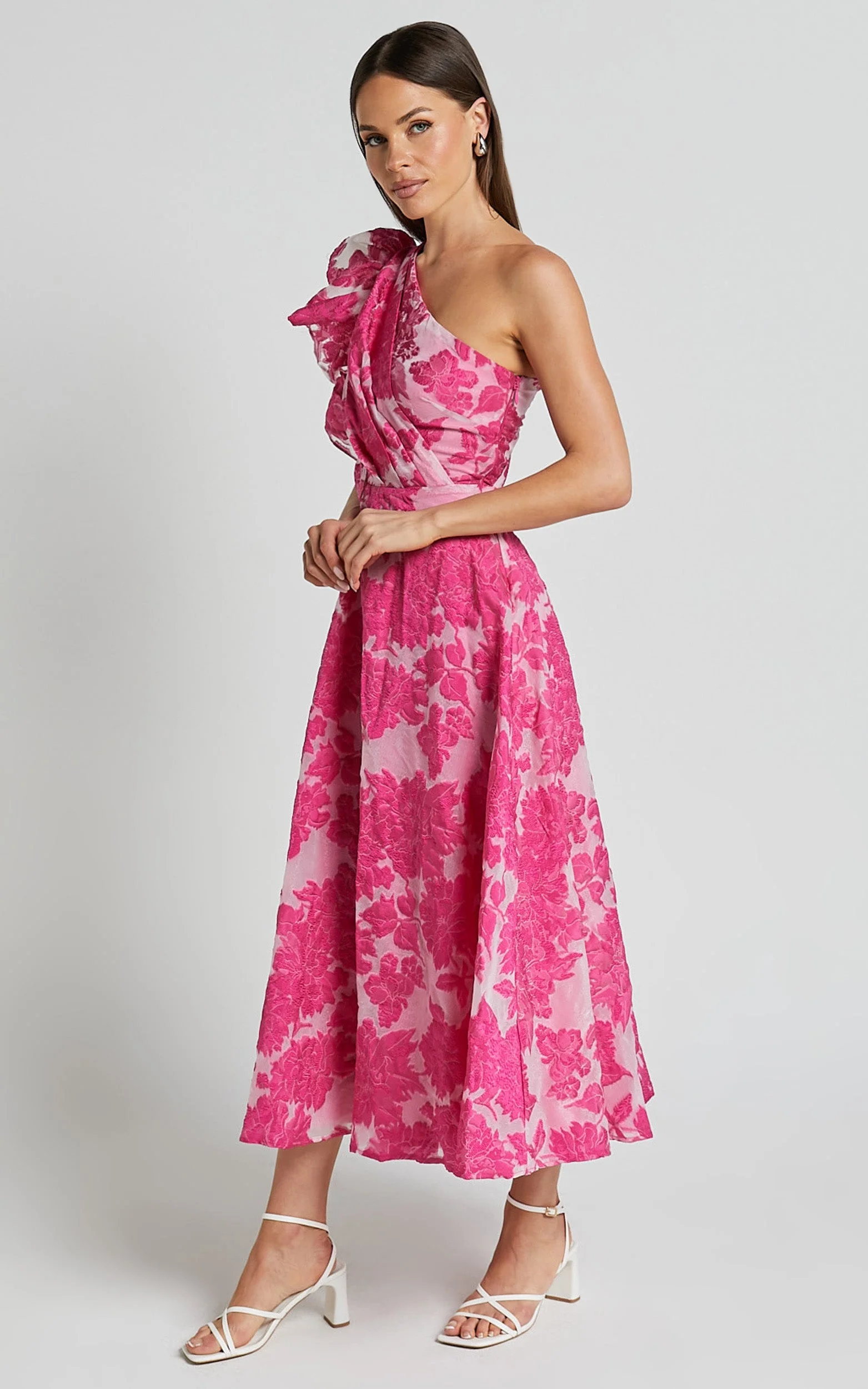 Alfreda Midi Dress - One Shoulder Ruffle Detail Brailey Jacquard Dress in Pink