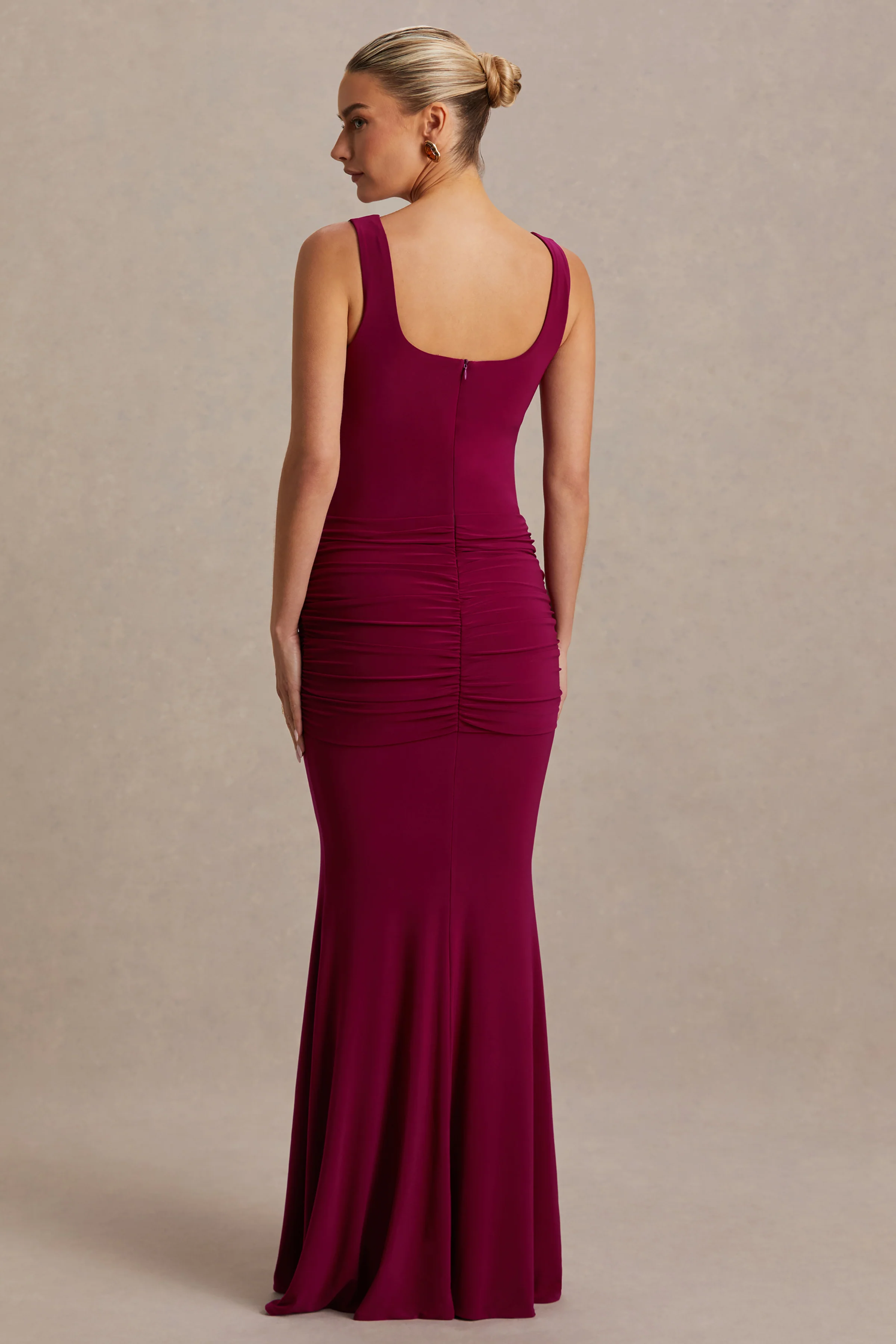 Baylin | Burgundy Square-Neck Maternity Maxi Dress With Ruched Detailing And Sash