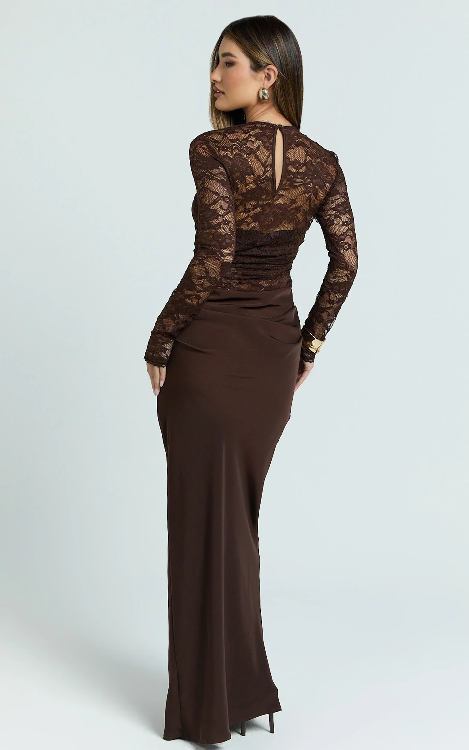 Crisanta Maxi Dress - Long Sleeve Contrast Lace Bodycon Dress in Chocolate