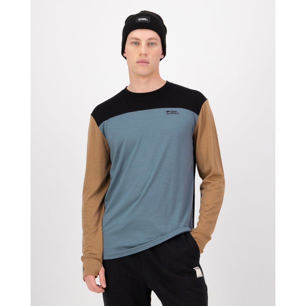 Mons Royale Yotei Merino Long Sleeve Men - goblin blue / toffee / black
