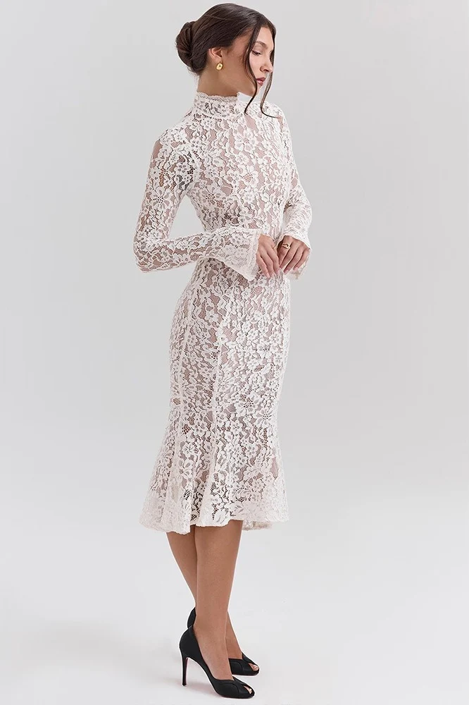 Round Neck Lace Long Sleeve Mermaid Midi Dress