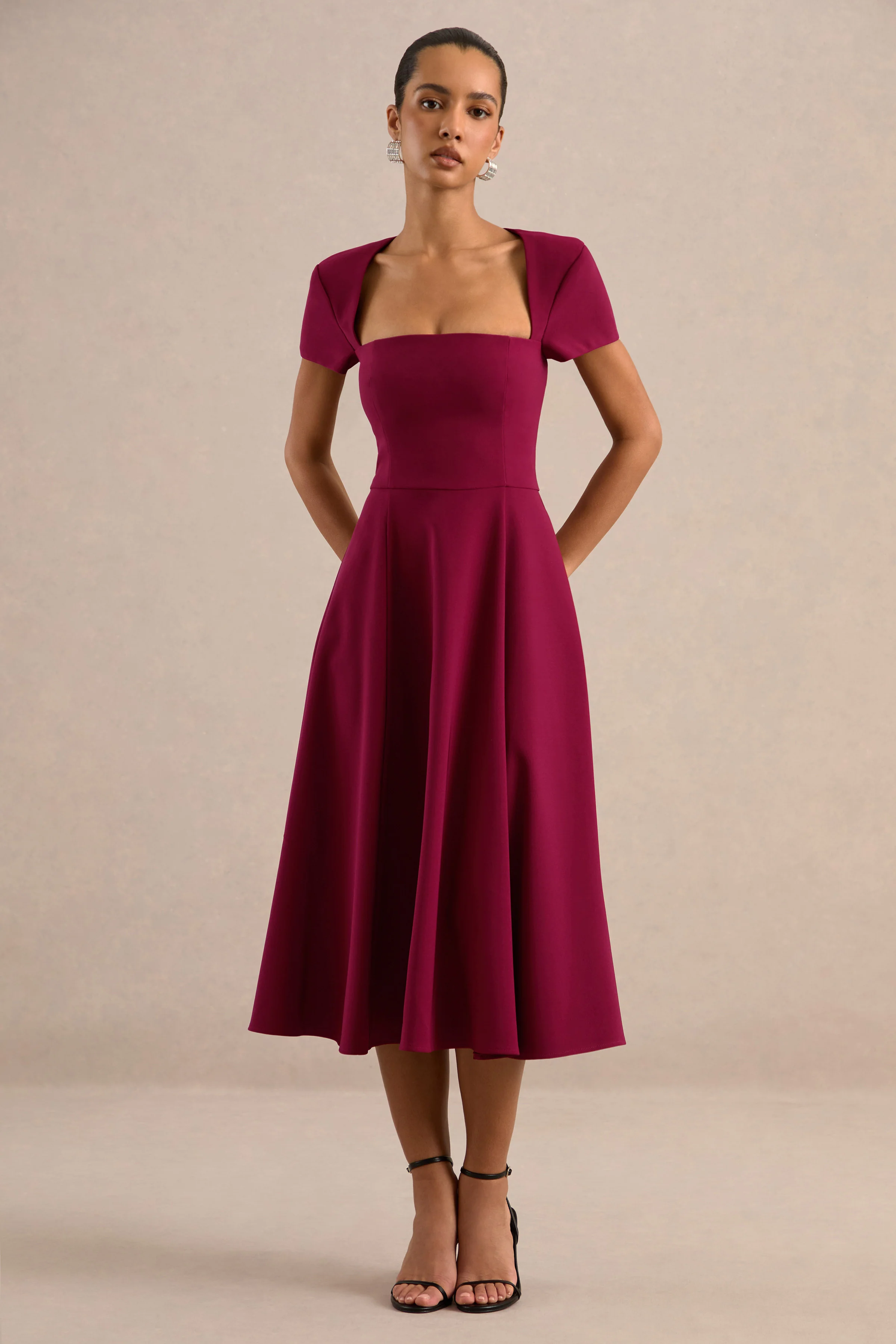 Donia | Burgundy Square Neck Short Sleeve A-Line Midi Dress