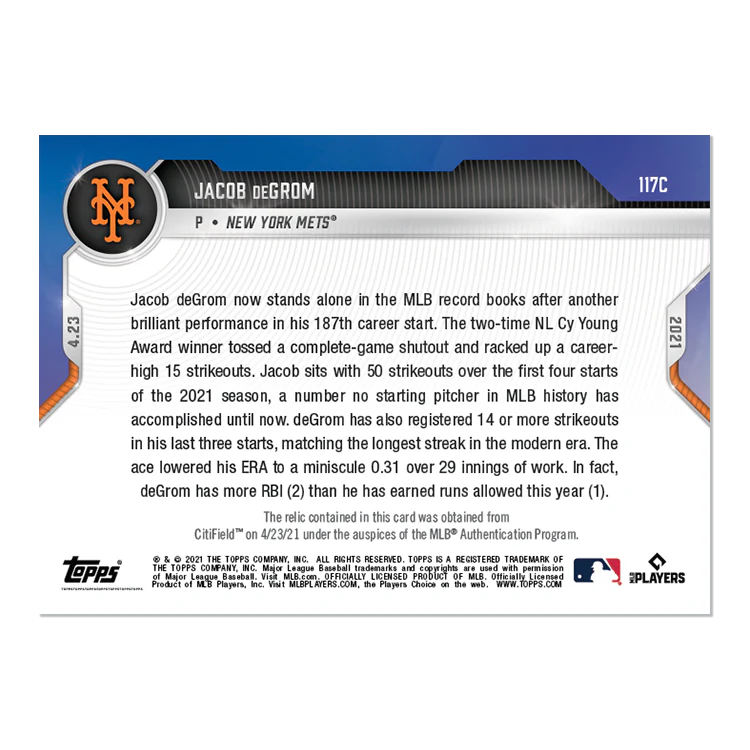 Game-Used Ball Relic # to 5 - Jacob deGrom - 2021 MLB TOPPS NOW® Card 117C
