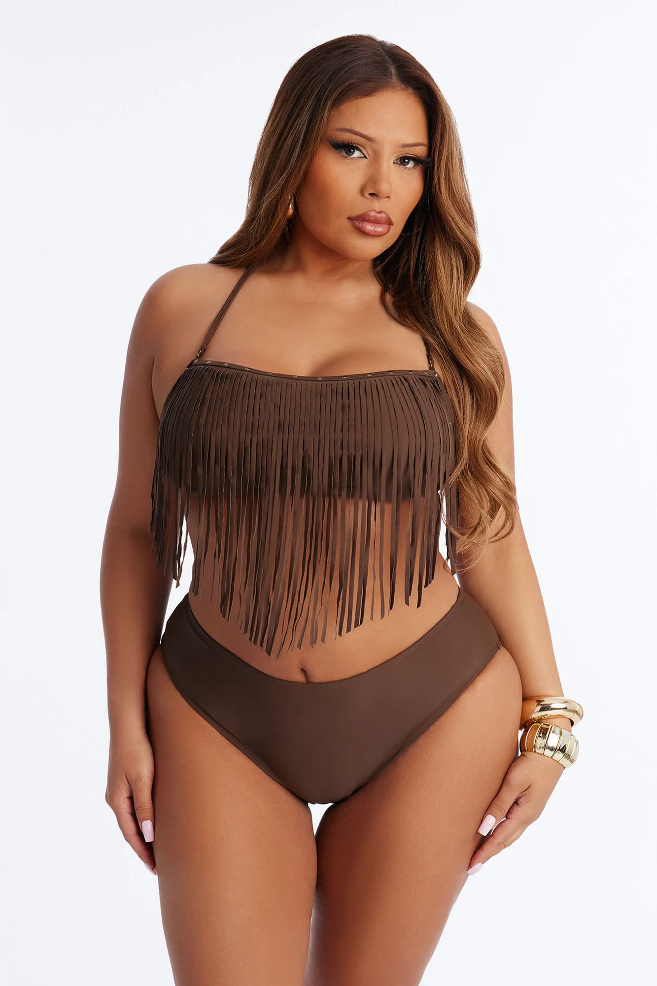 Sunkissed Mischief 3 Piece Fringe Bikini Set - Brown