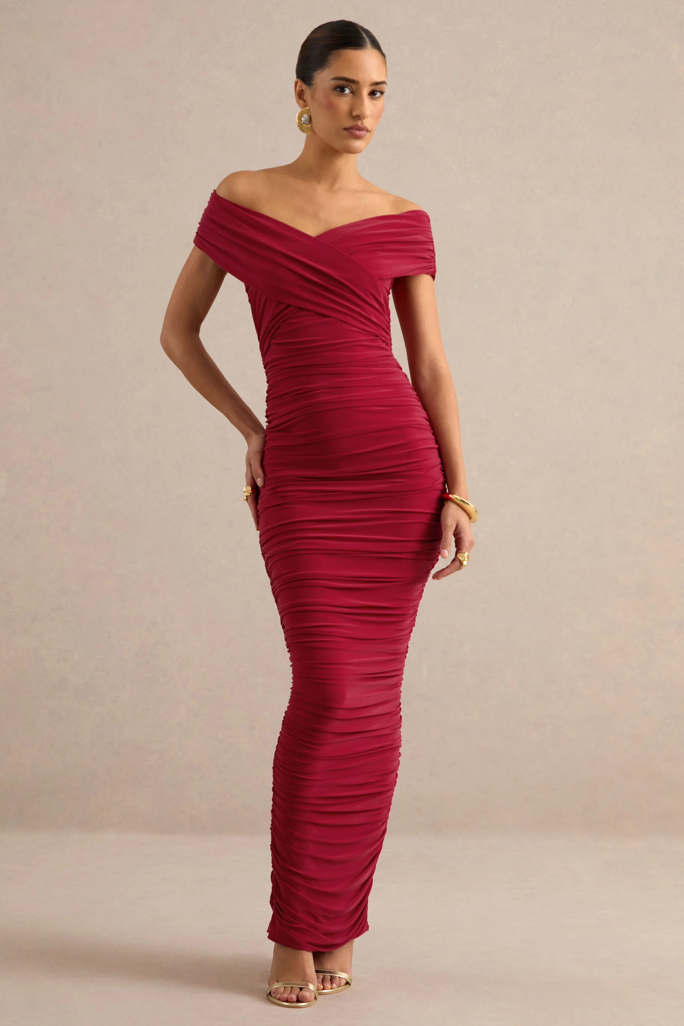 Evelora | Red Jersey Wrapped Bardot Short Sleeve Maxi Dress With Ruching