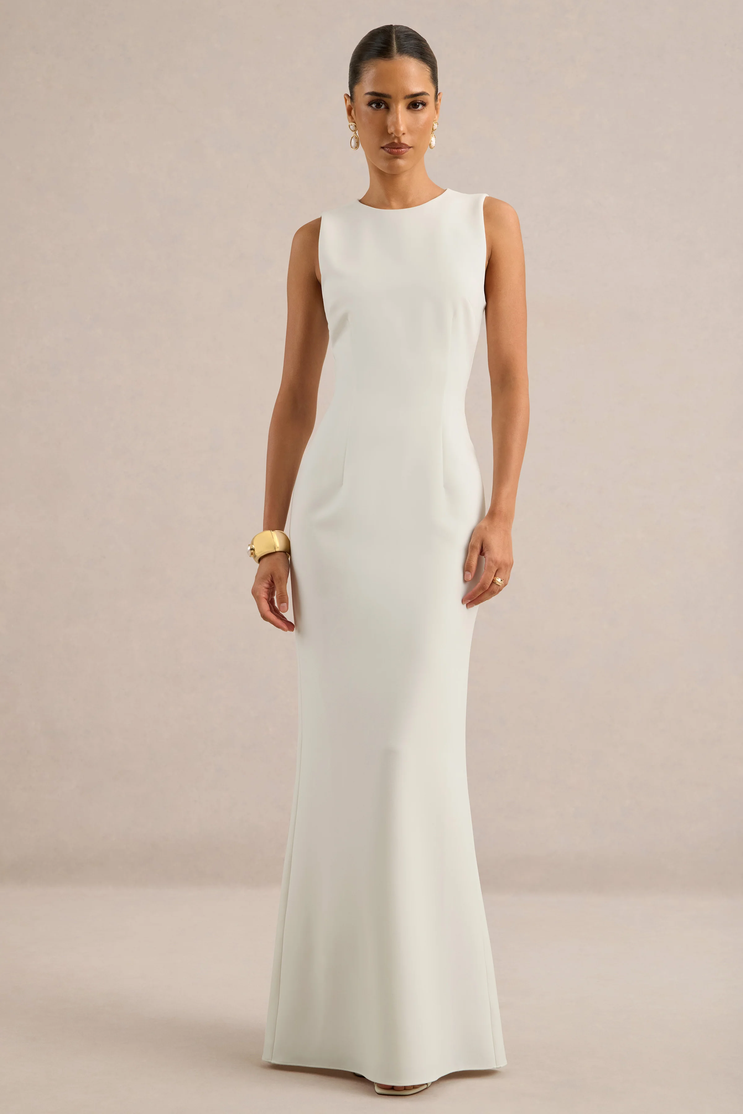 Astrelle | White Round Neck Maxi Dress With Tailoring And Back Split