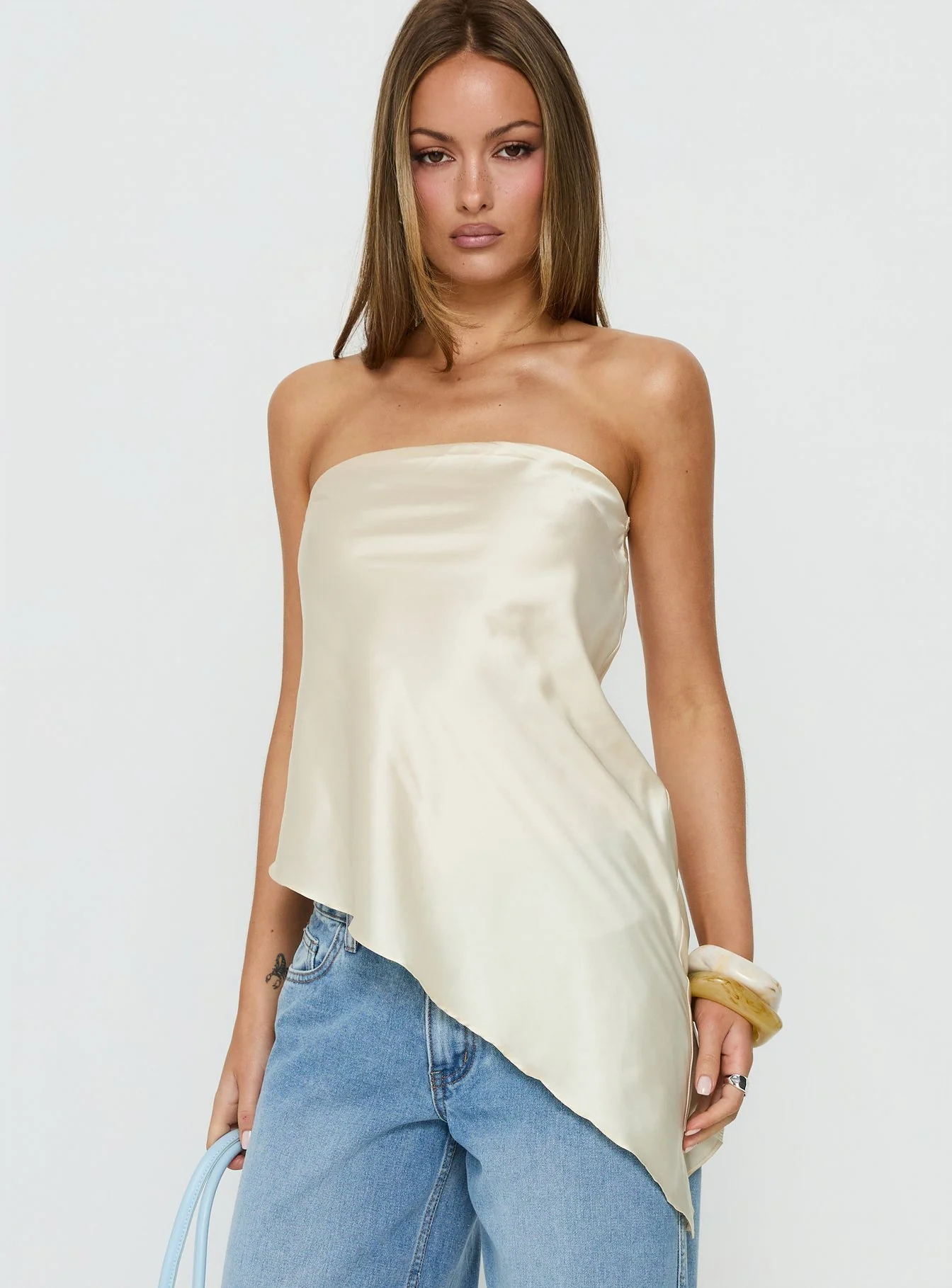 Keevah Strapless Satin Asymmetrical Top Lemon