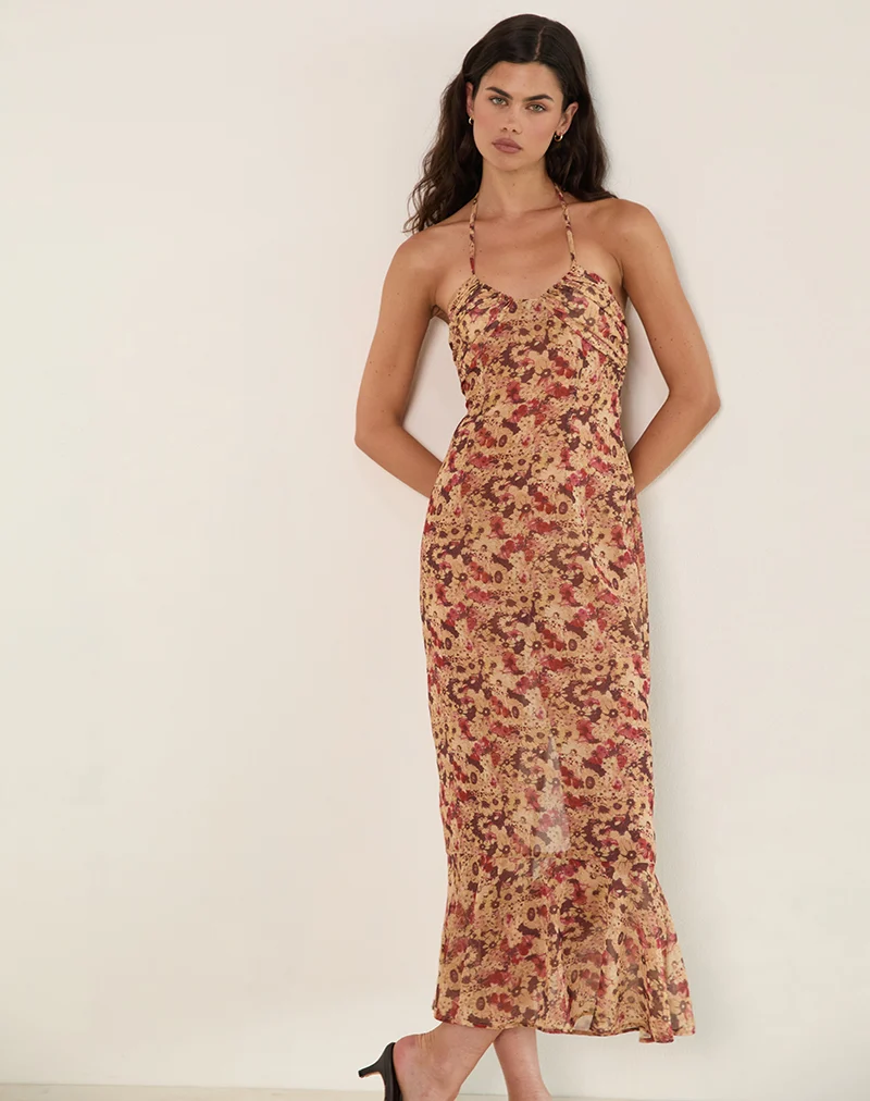 Alette Halterneck Maxi Dress in Chiffon Rusty Flower
