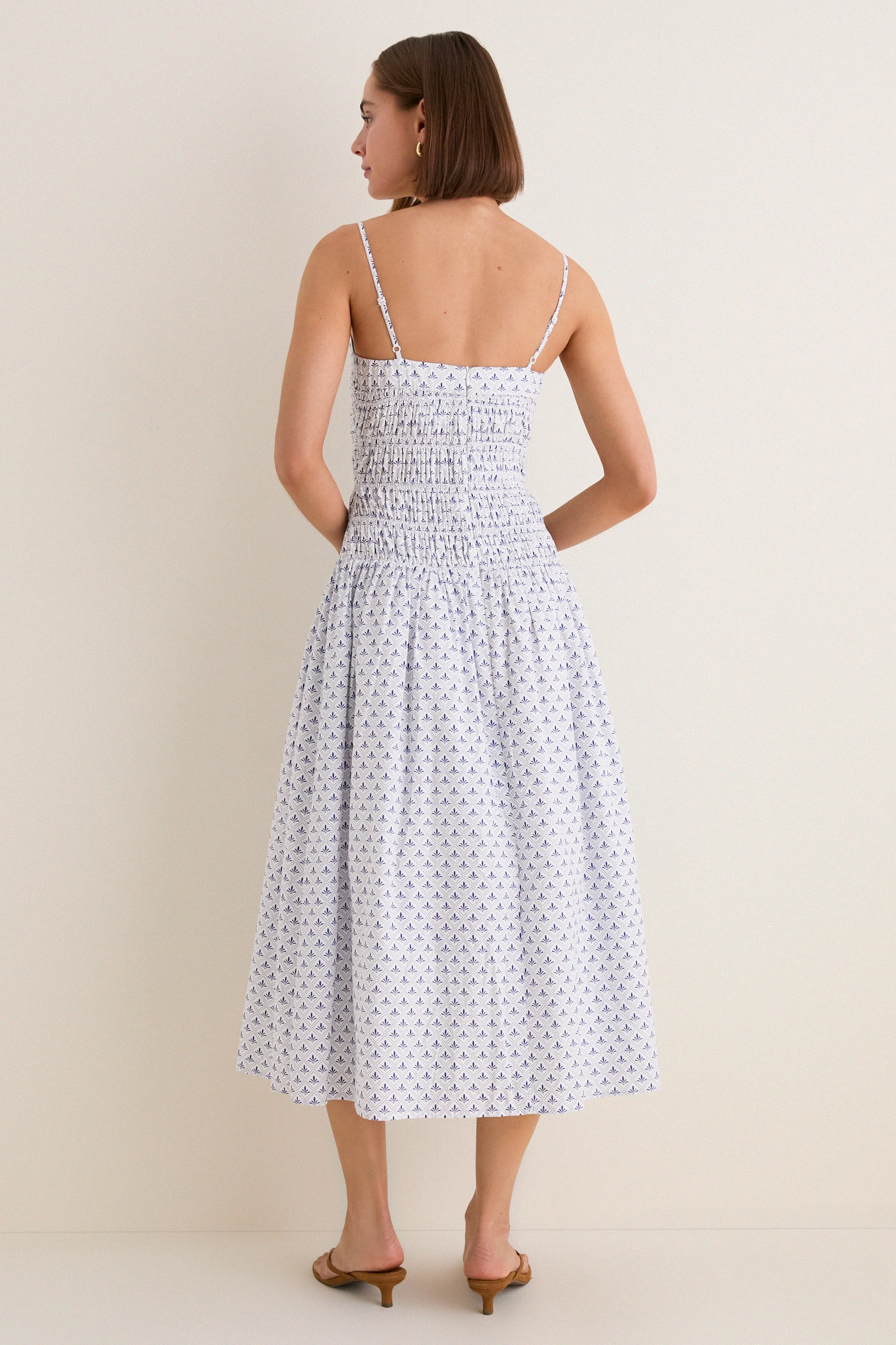 Blue & White Ditsy Tile Smocked Keeley Maxi Dress