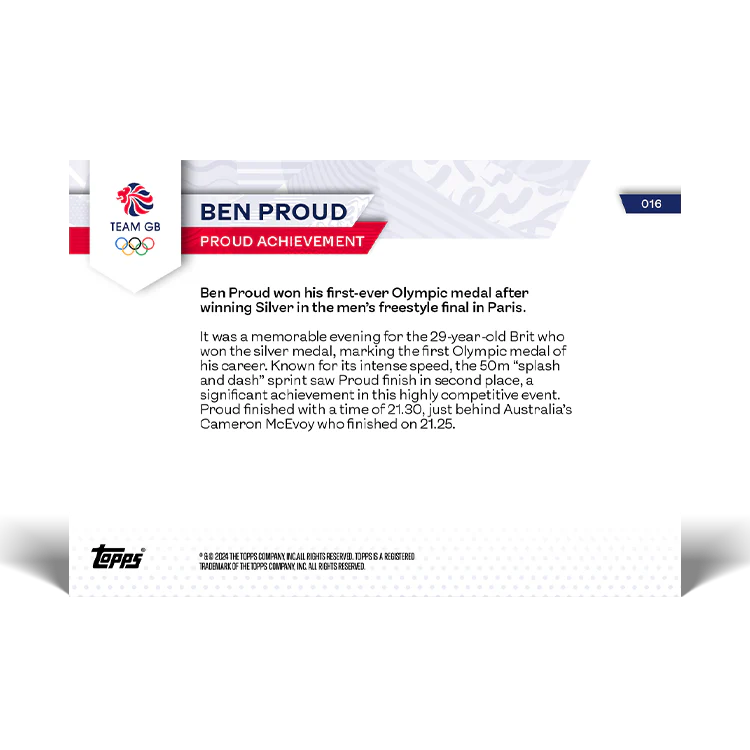 Ben Proud - Proud achievement - 2024 Team GB TOPPS NOW® Card 16