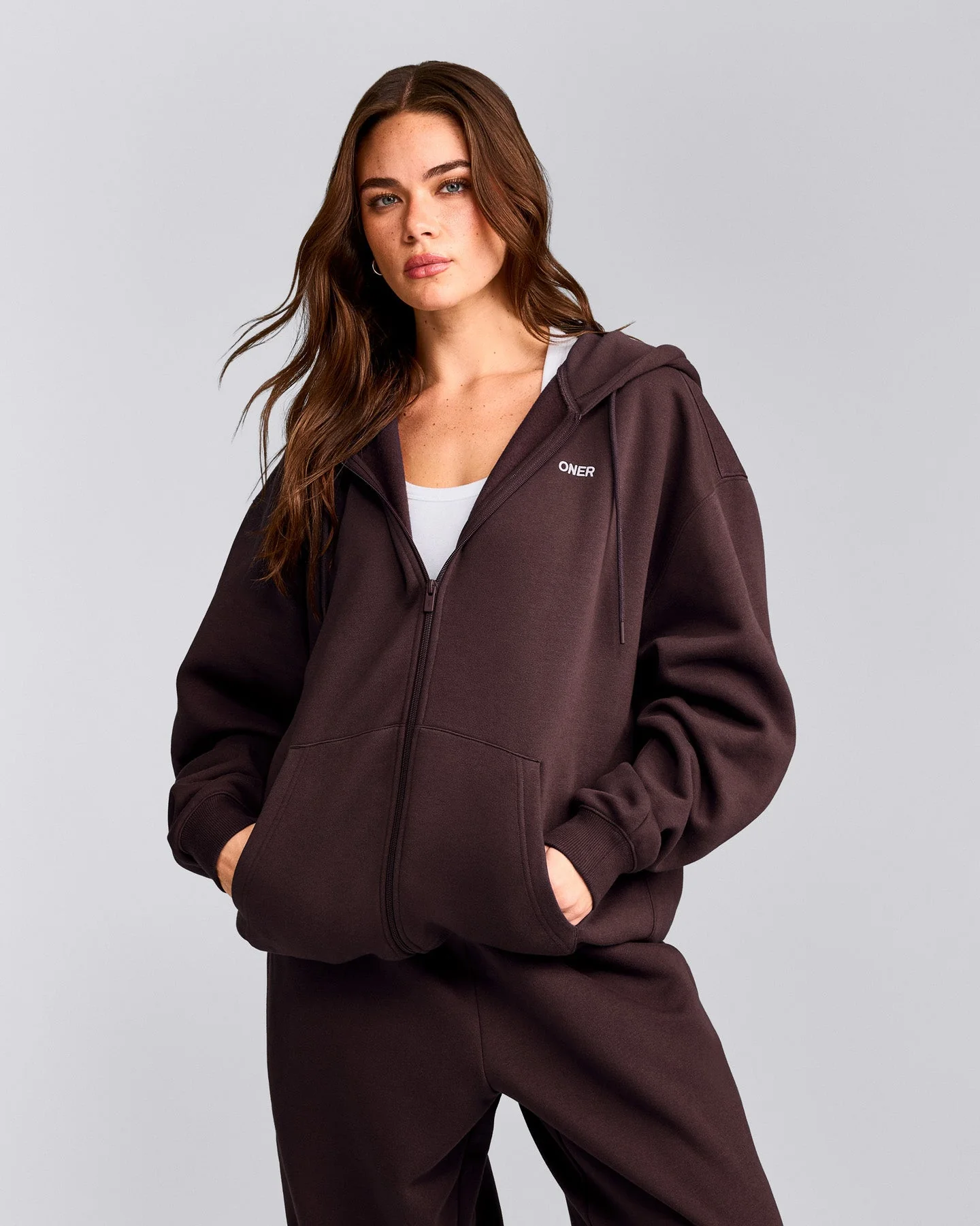 Foundations Cosy Oversized Zip Through Hoodie | Plum Brown