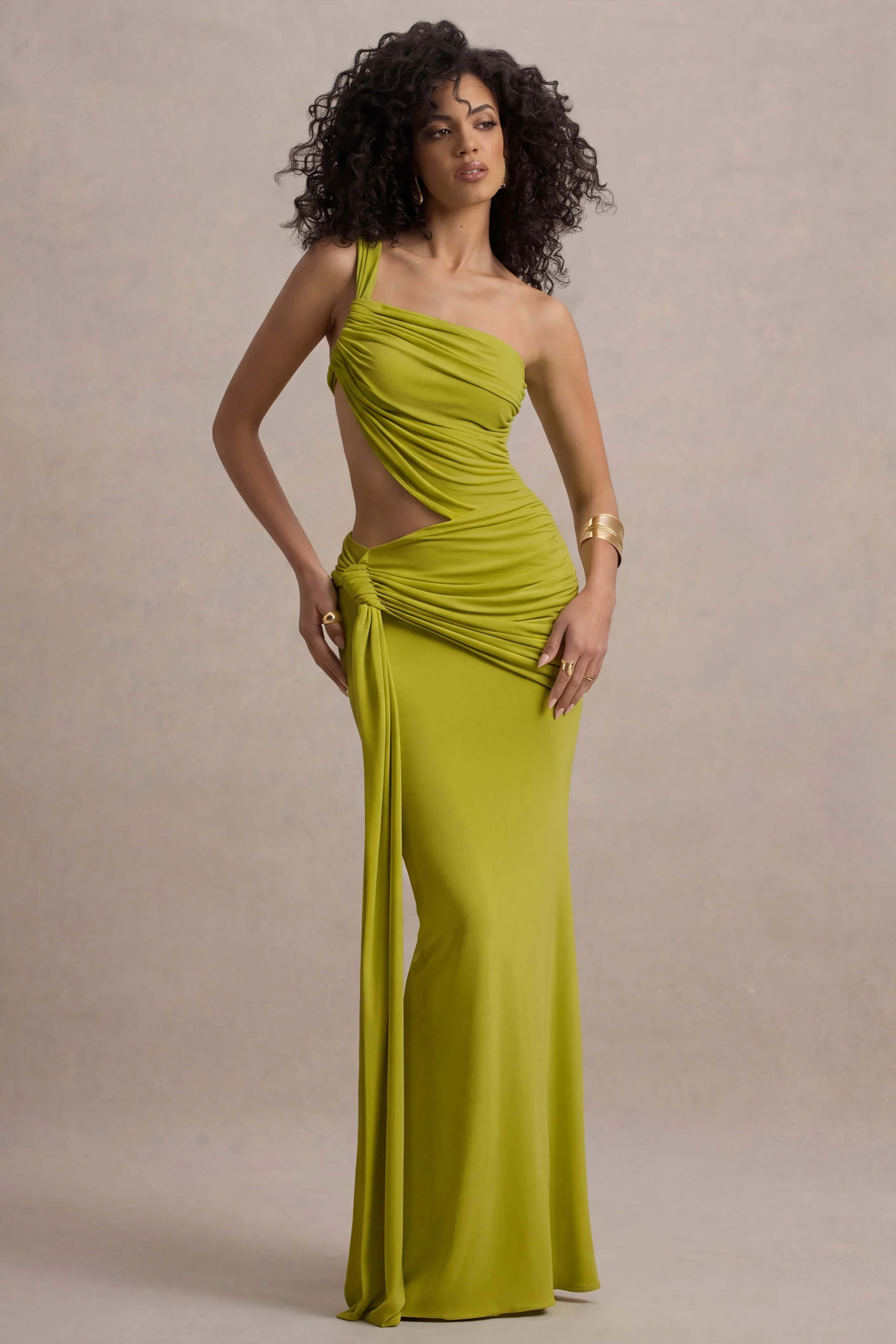Giovanna | Olive Asymmetric Maxi Dress With Wrap Skirt