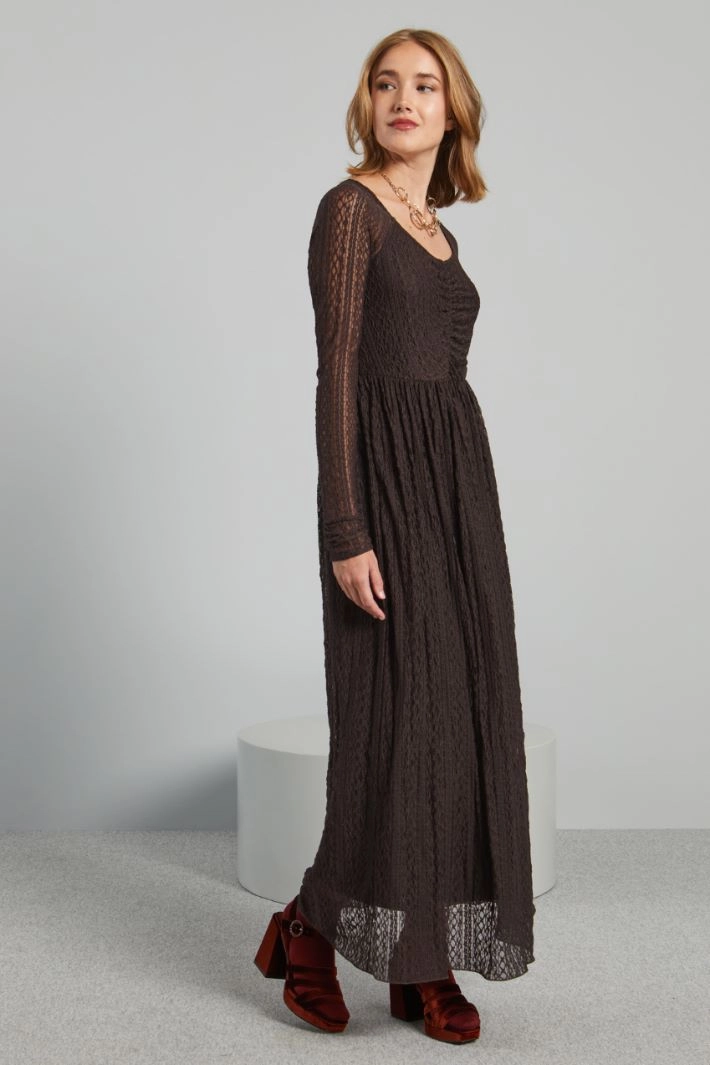 Long lace jersey dress - DARK BROWN