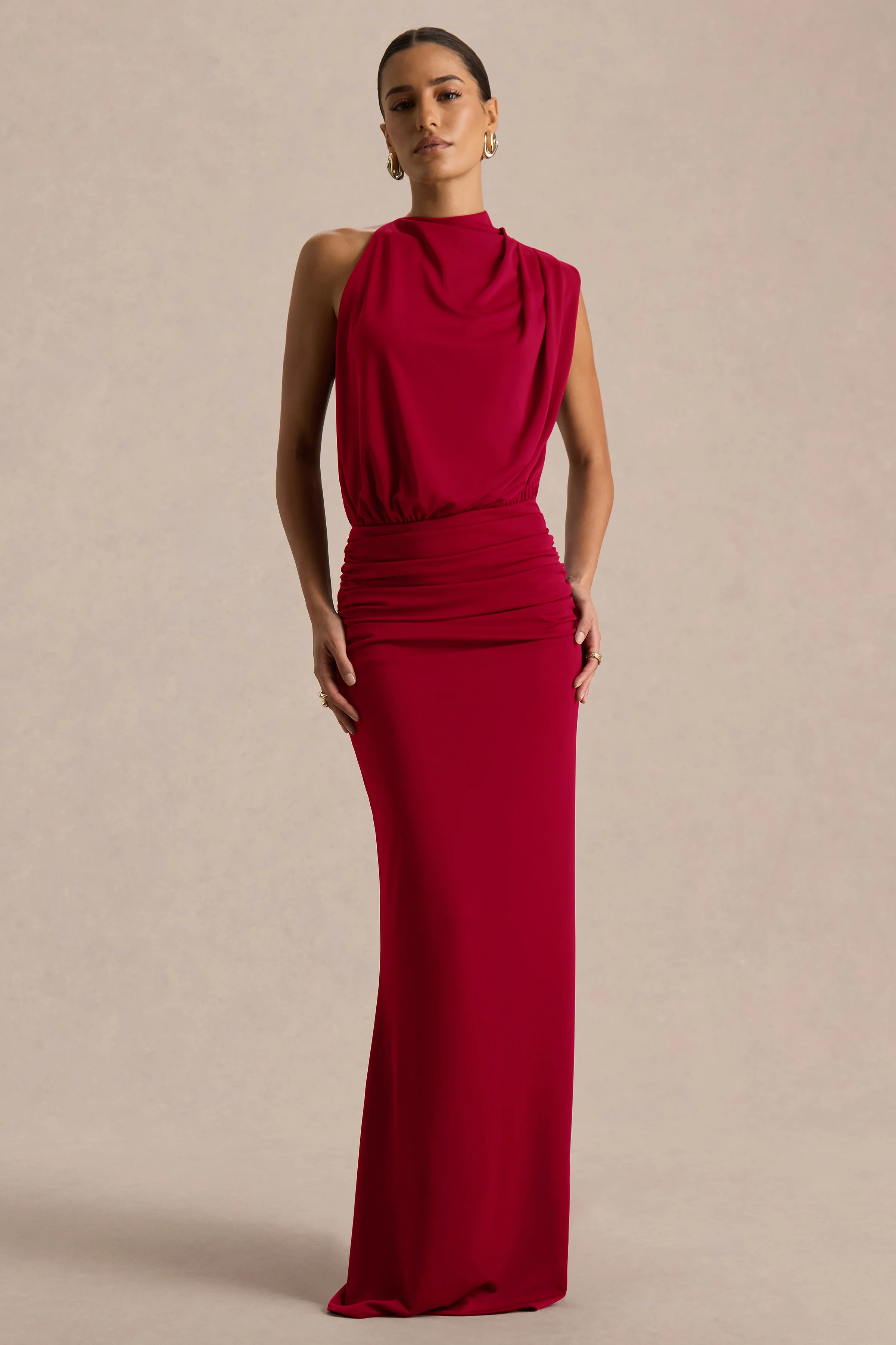 Umaira | Red Ruched High Neck Maxi Dress With Draped Detailing