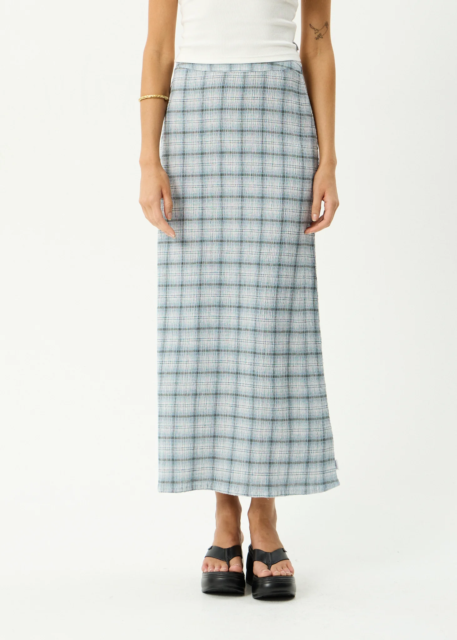 AFENDS Womens Lita - Seersucker Maxi Skirt - Lagoon Overcast Check