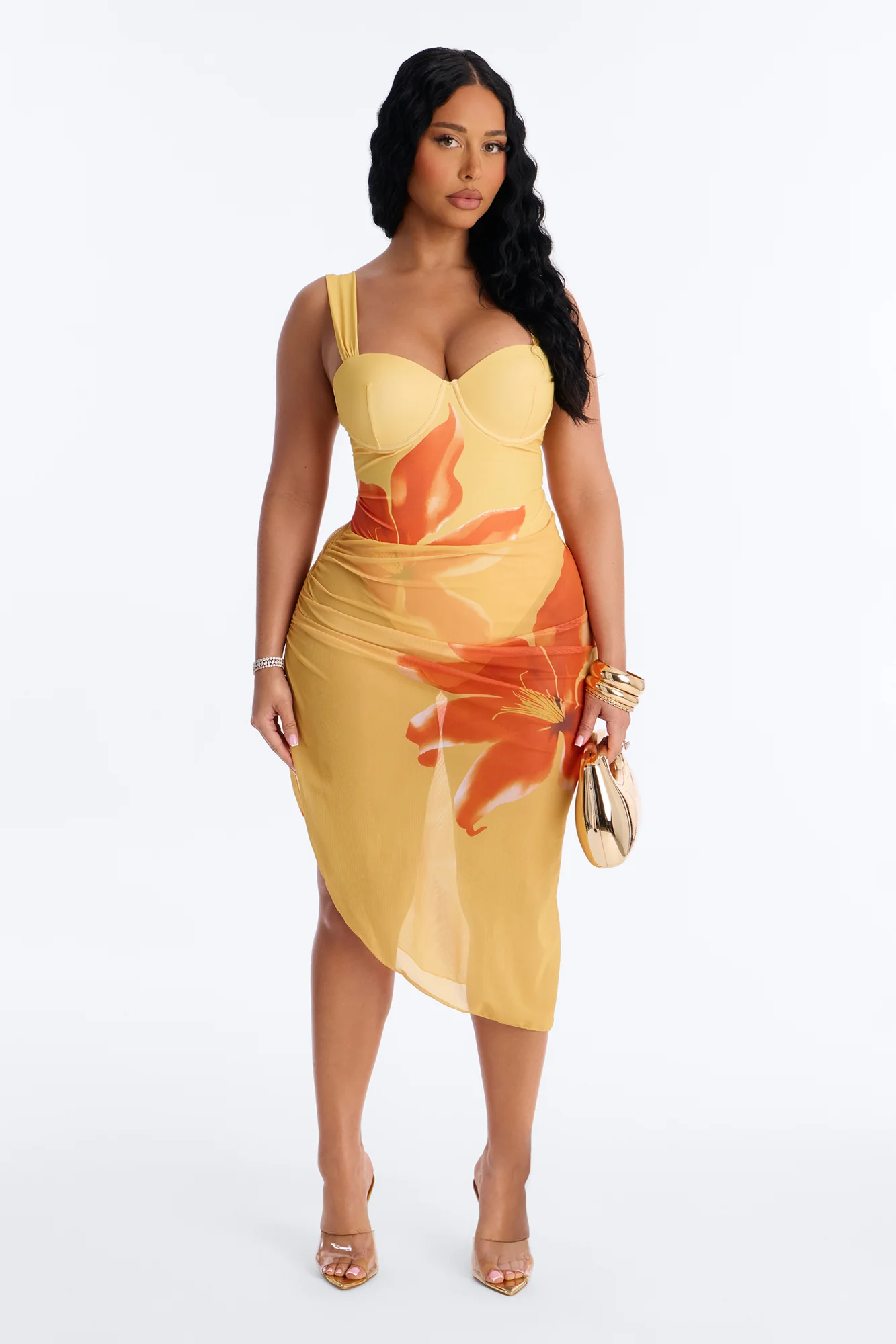 On Island Time Floral Underwire Maxi 2 Piece Bikini Skirt Set - Yellow/combo