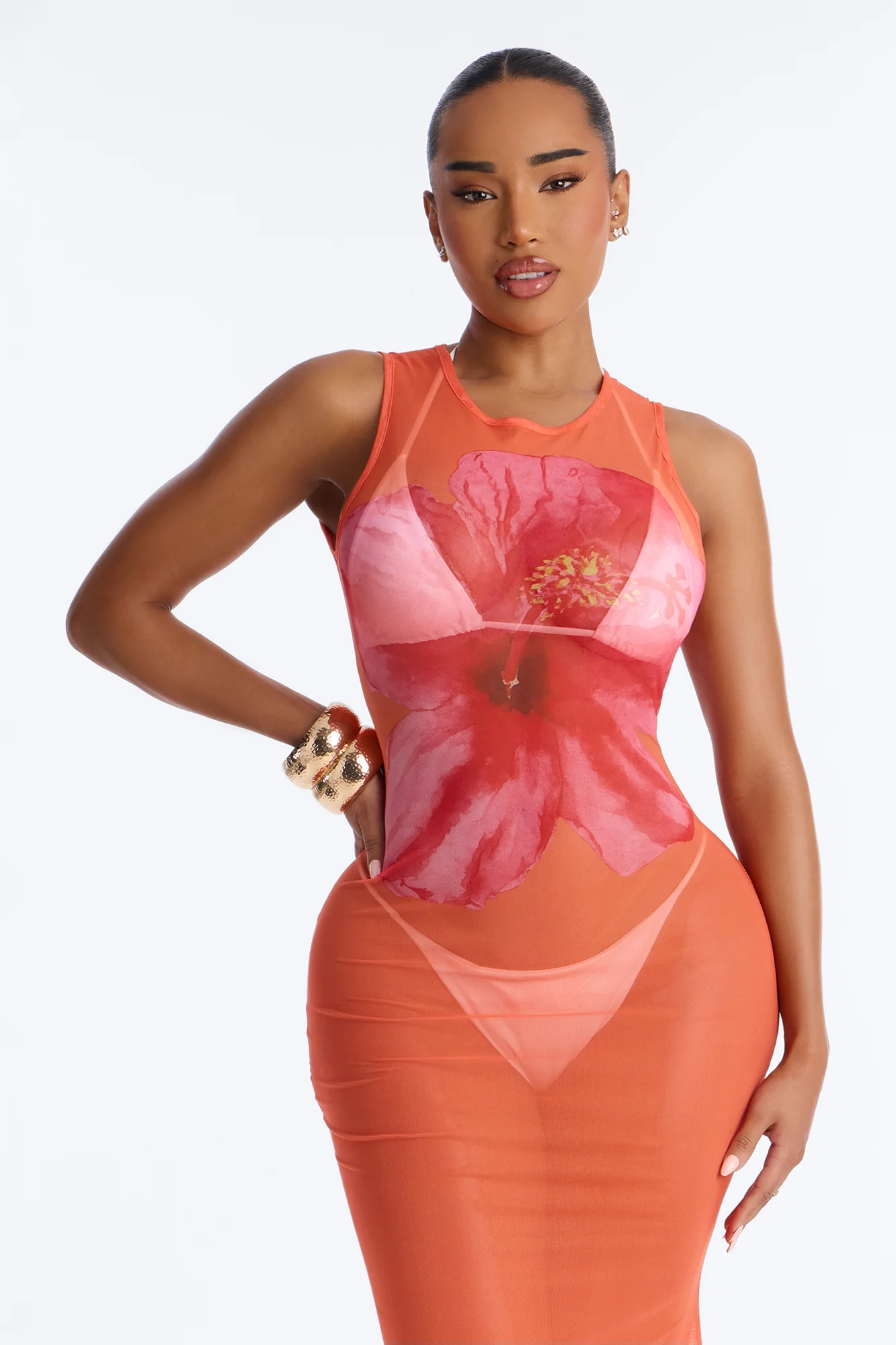 Floral Fantasy Sheer Swim Cover Up Dress - Orange