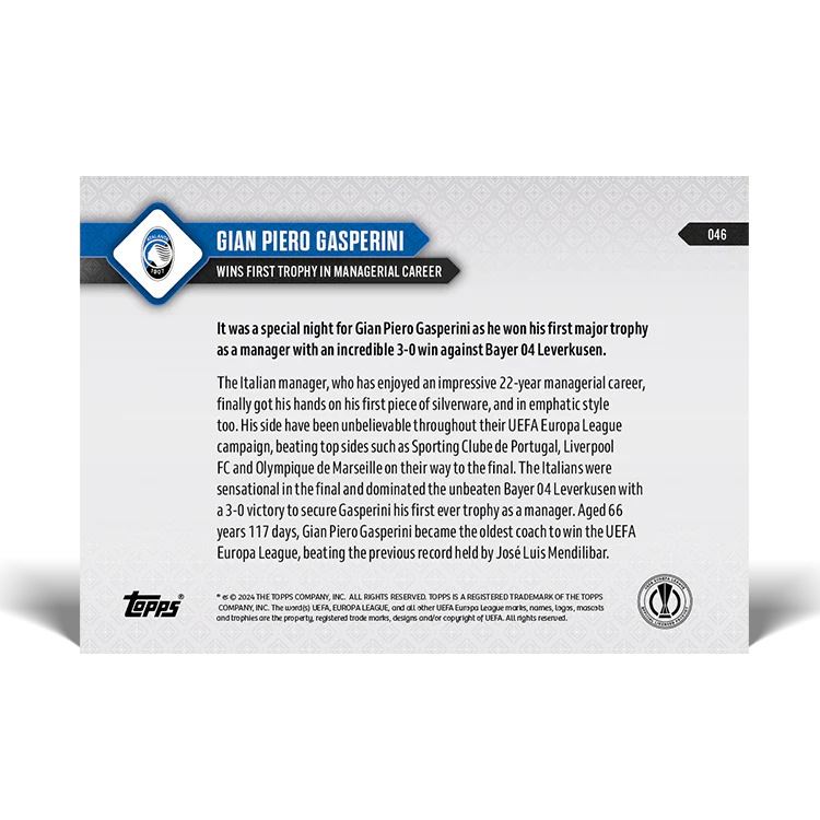 Gian Piero Gasperini - Wins first trophy in managerial career - 23/24 UEL TOPPS NOW® Card 47