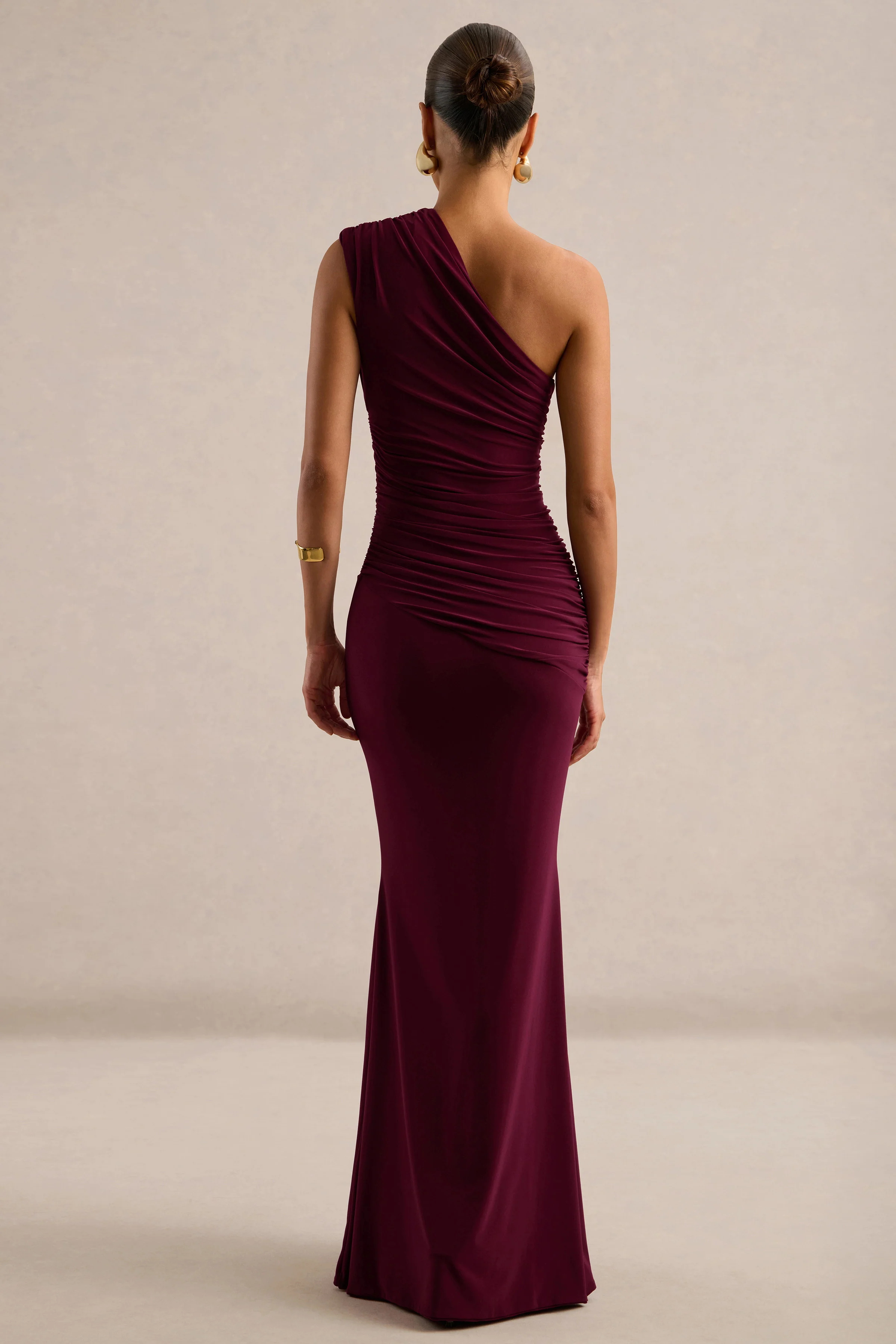 Mardi | Burgundy Asymmetric Maxi Dress With Ruching