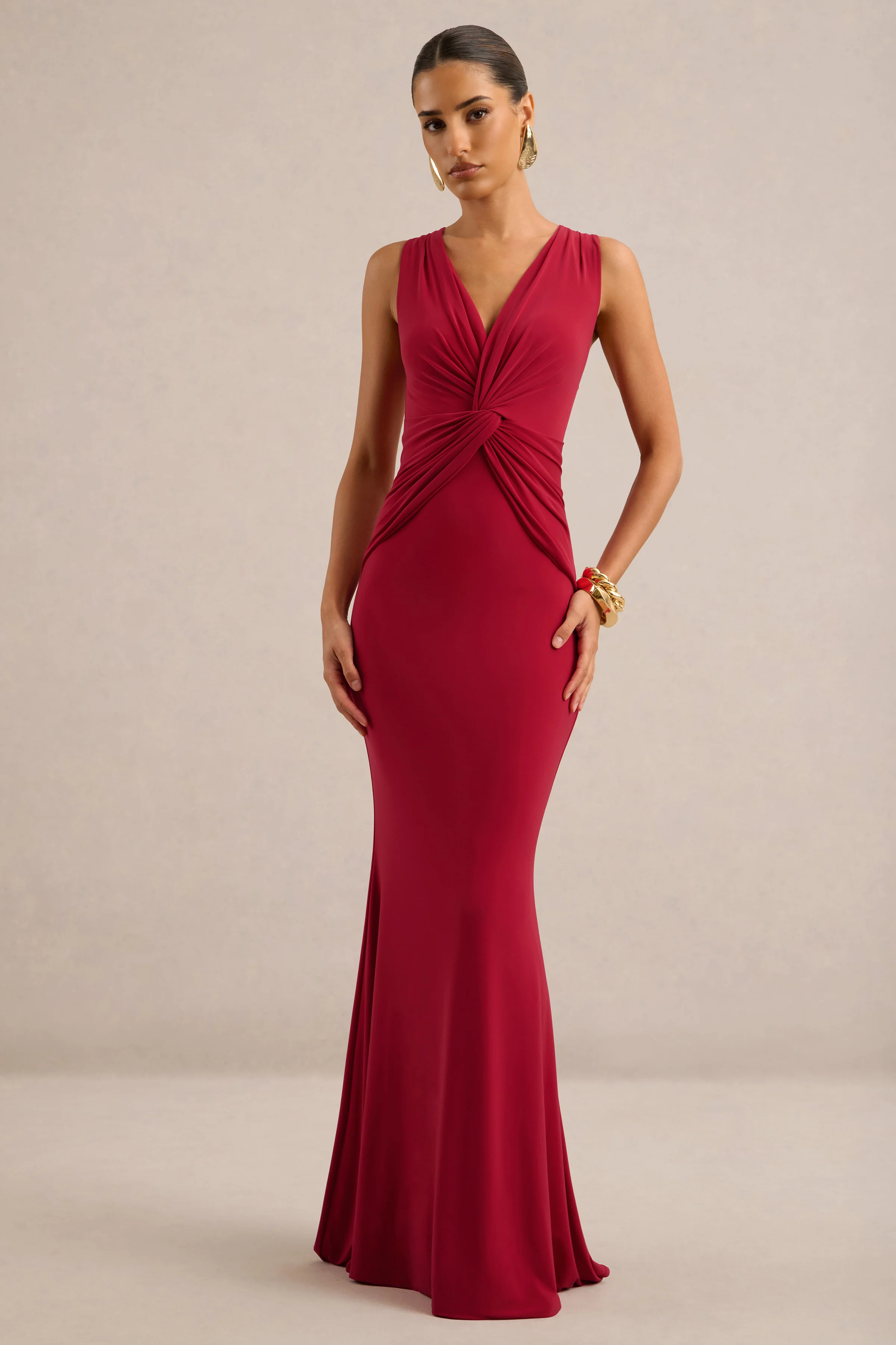 Holly | Red Jersey Plunge Maxi Dress With Twist Detailing