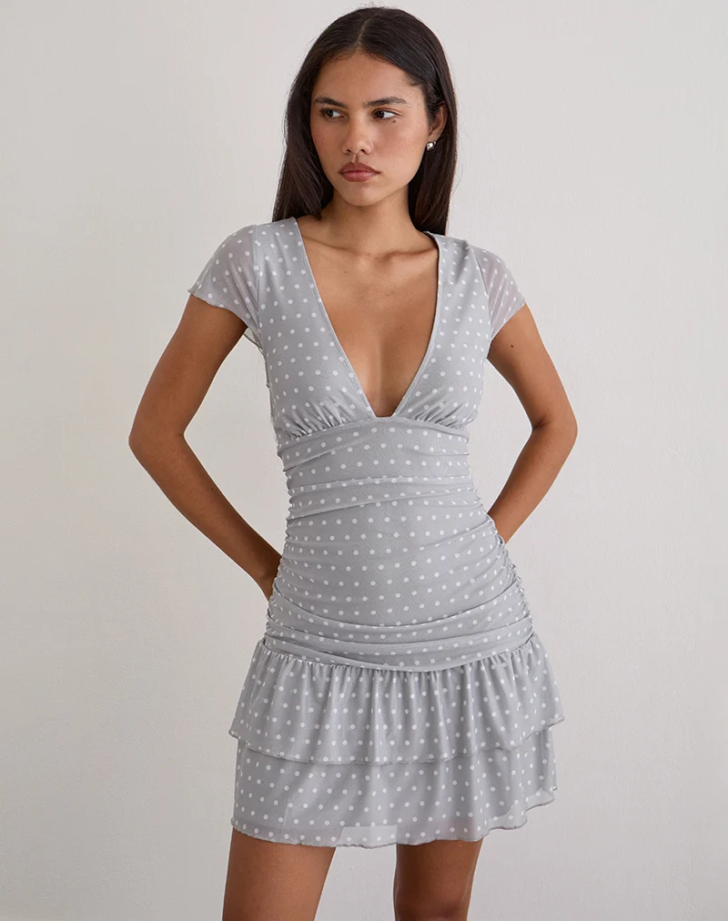 Mowgli Cap Sleeve Mini Dress in Grey with Micro White Polka