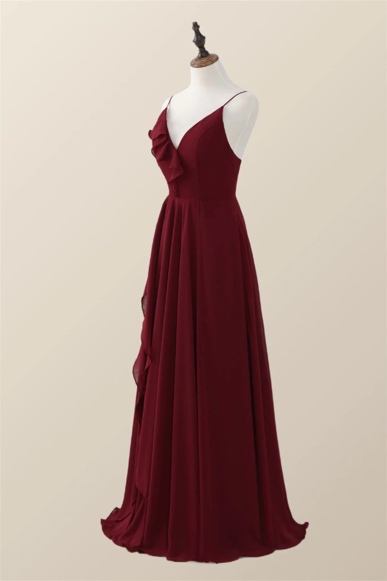 Wine Red Straps Ruffle A-line Long Bridesmaid Dress