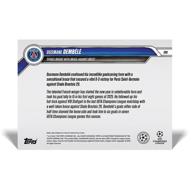 Ousmane Dembélé - Shines bright with brace against Brest - 24/25 UCL Topps NOW® Card 99