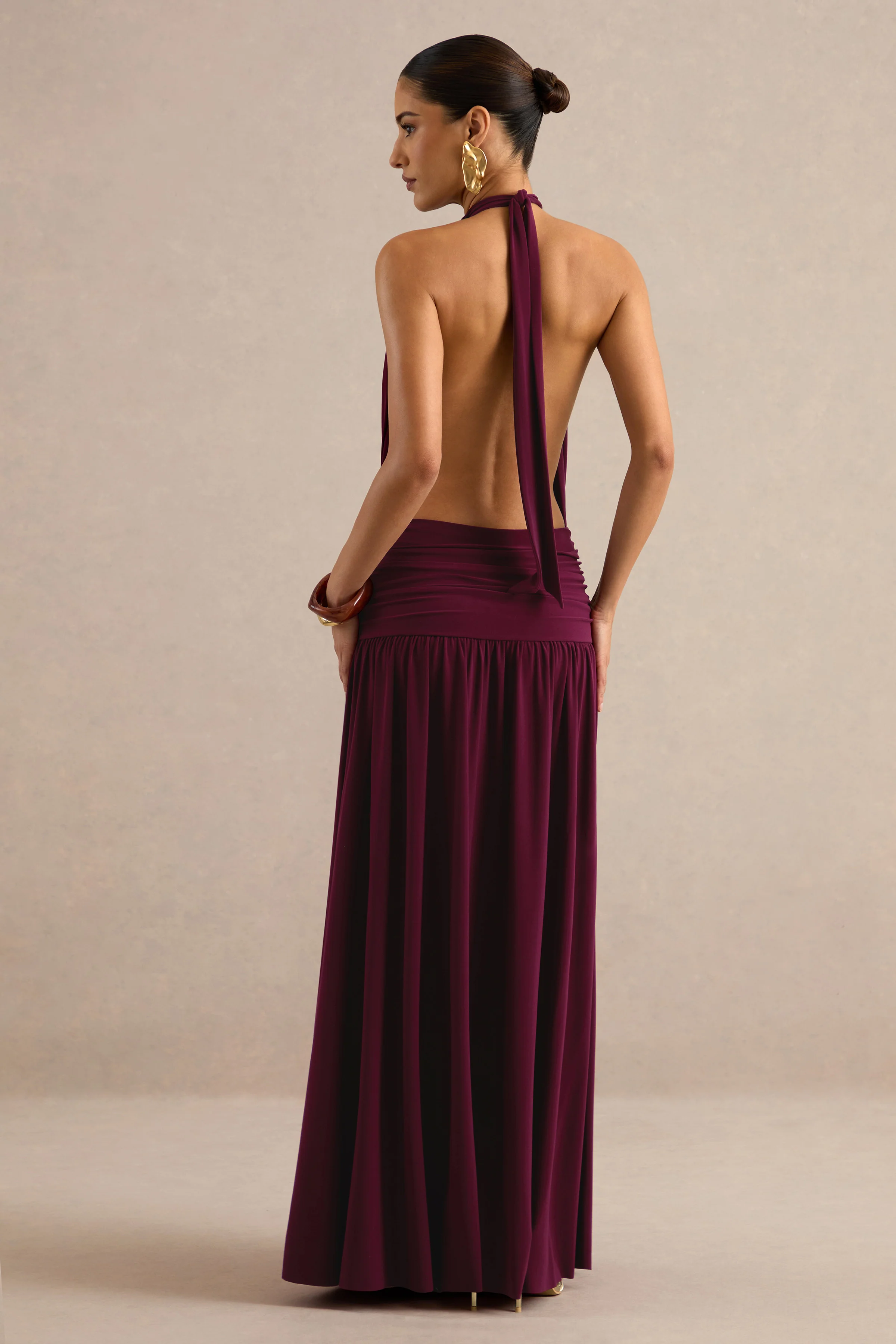 Hilarie | Burgundy Jersey Ruched High Neck Maxi Dress With Open Back