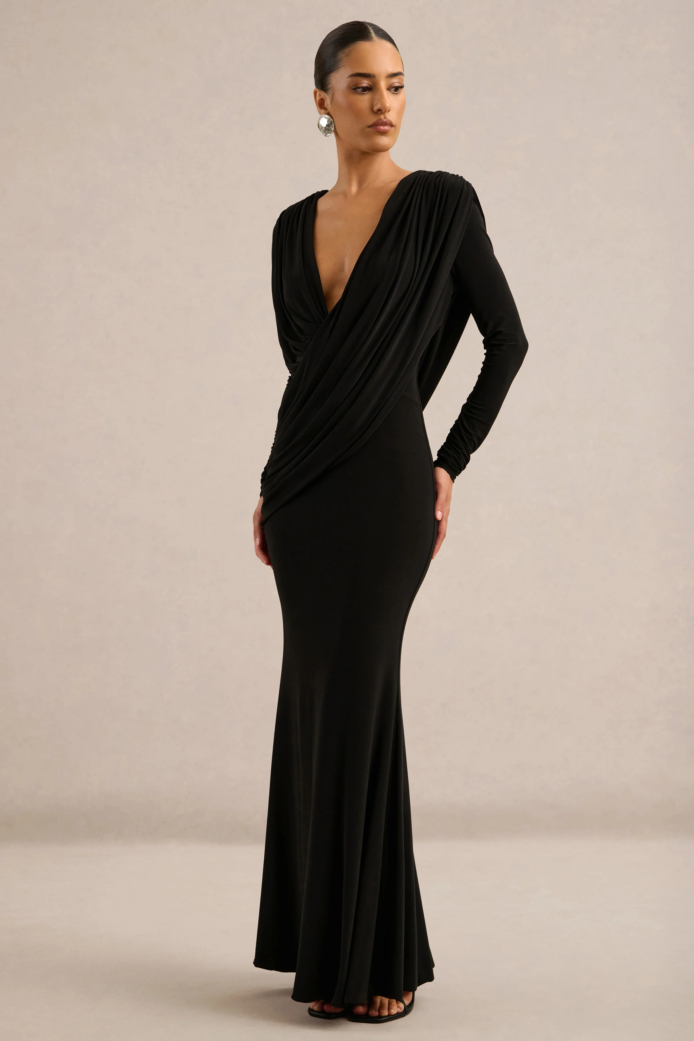 Azmina | Black Jersey Ruched V Neck Long Sleeve Maxi Dress With Draped Detailing And Low Back