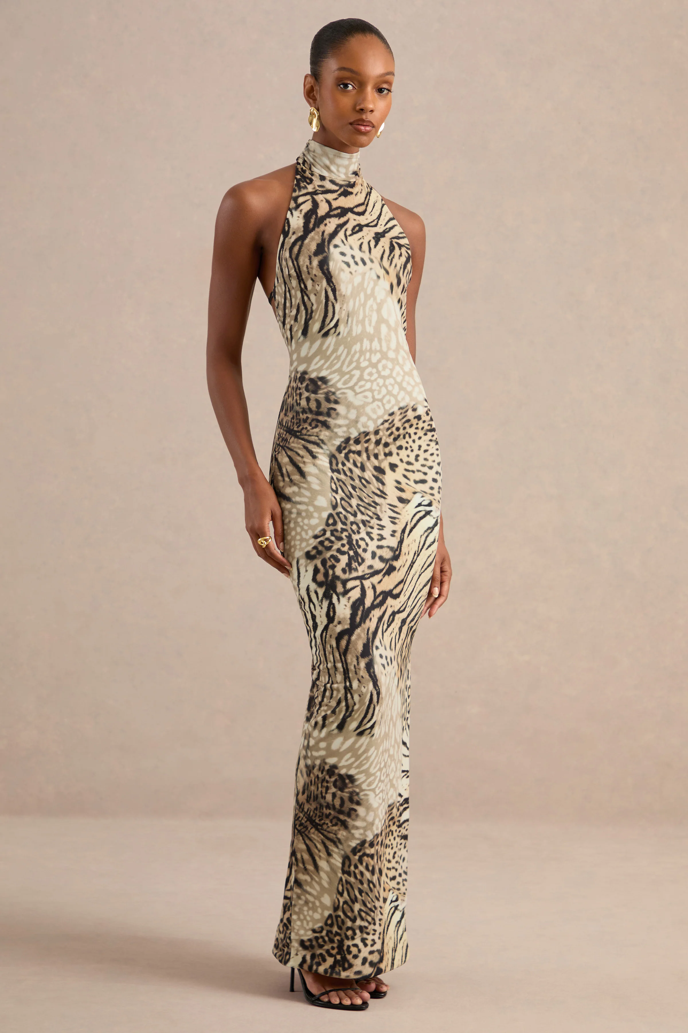Arlise | Brown Animal Print Jersey High Neck Maxi Dress With Open Back