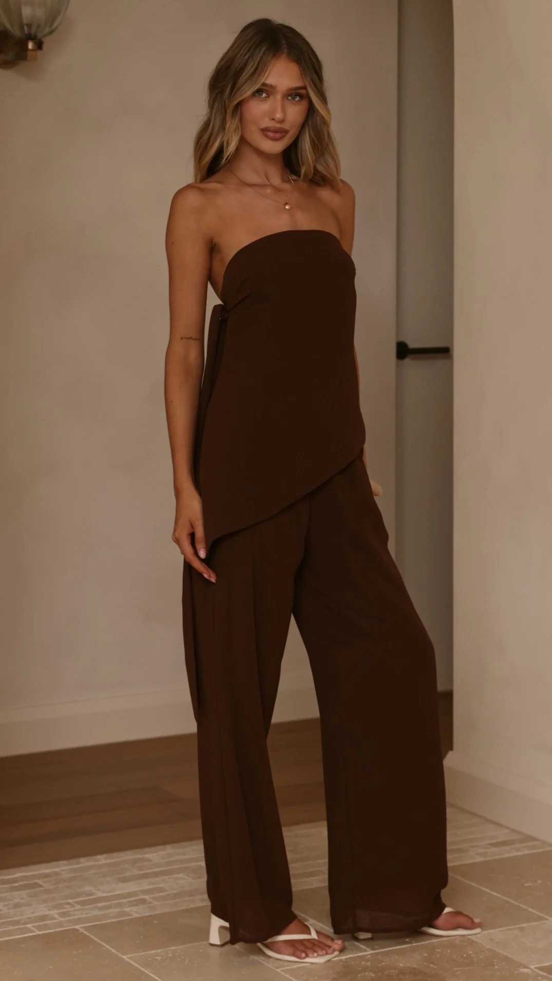 Zabrina Semi Sheer Strapless Top and Pants Set - Chocolate