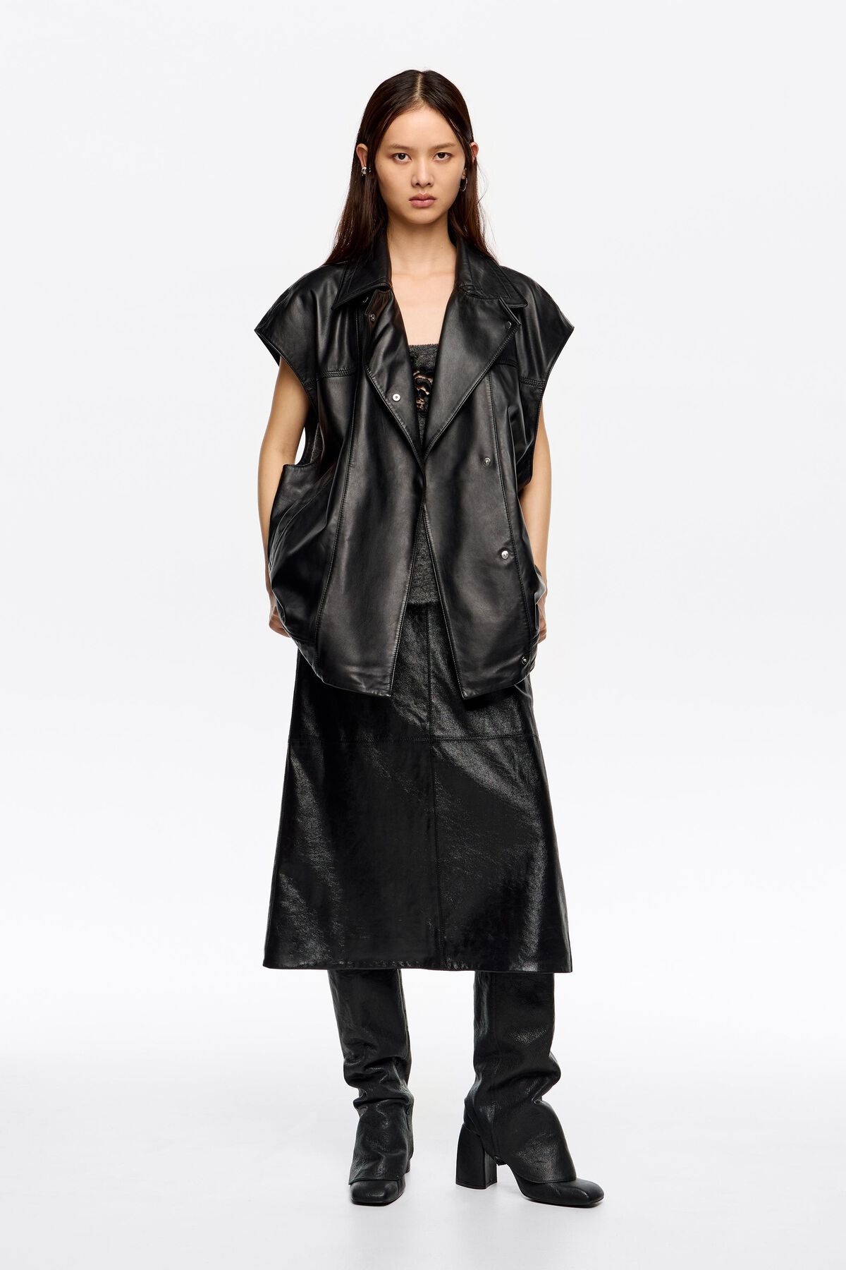 Black leather double-breasted vest