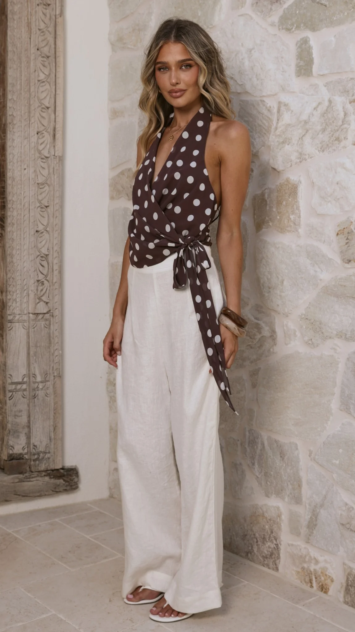 Belle Halter Neck Top - Choc/White Polka Dot