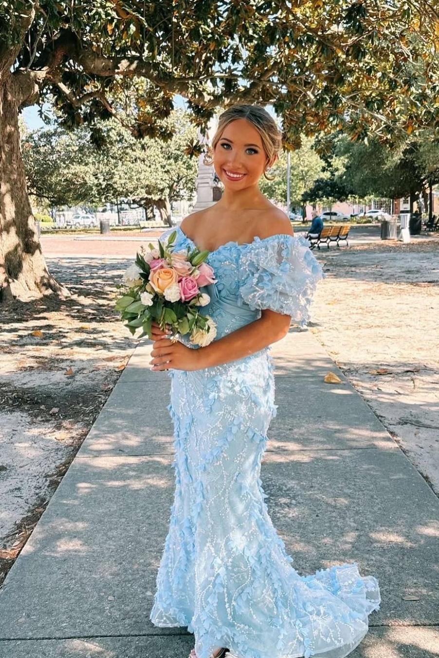 Puff Sleeves Blush Pink 3D Floral Long Dress with Bow