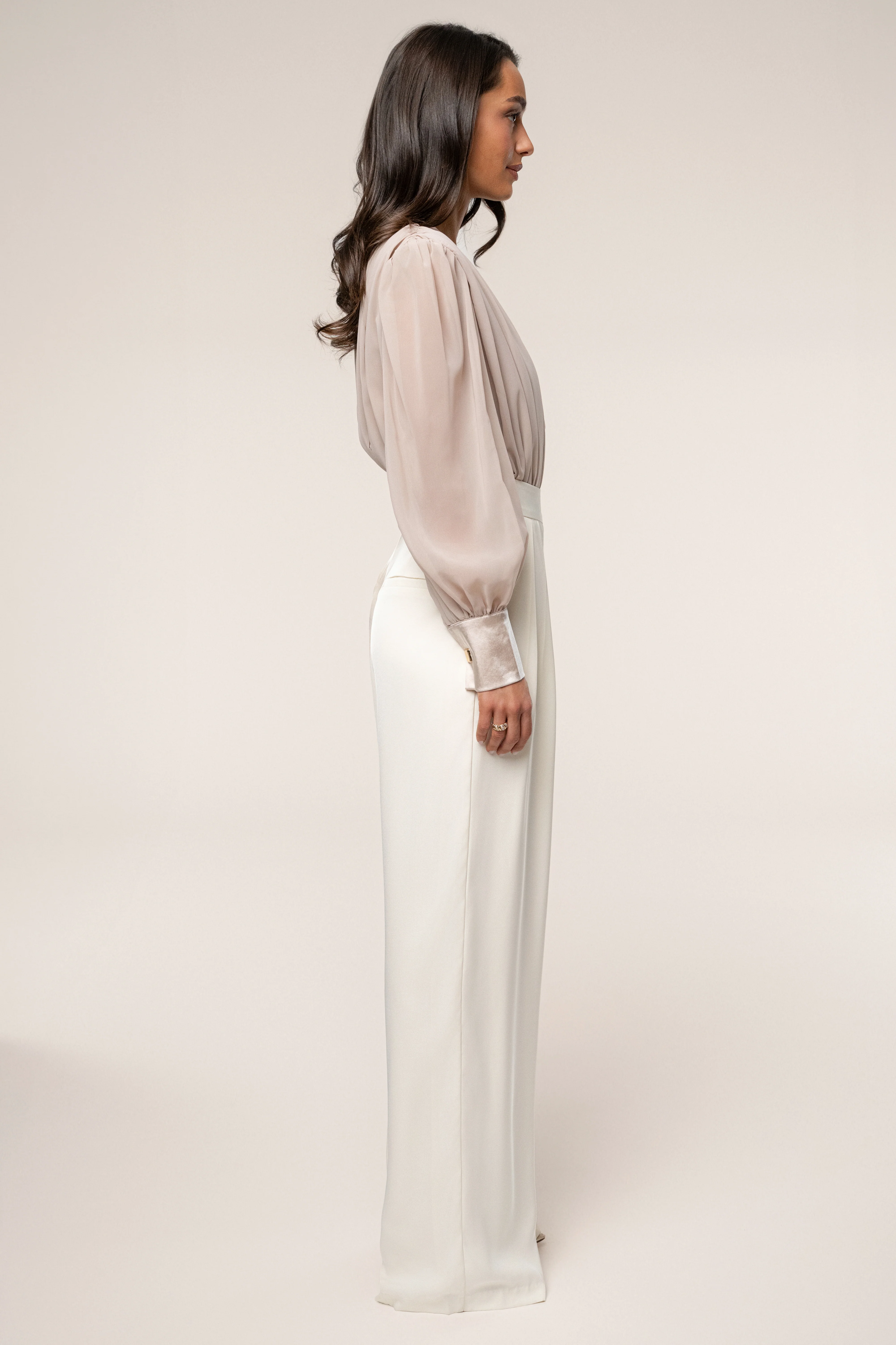 Beige Refined Pleated Chiffon Top
