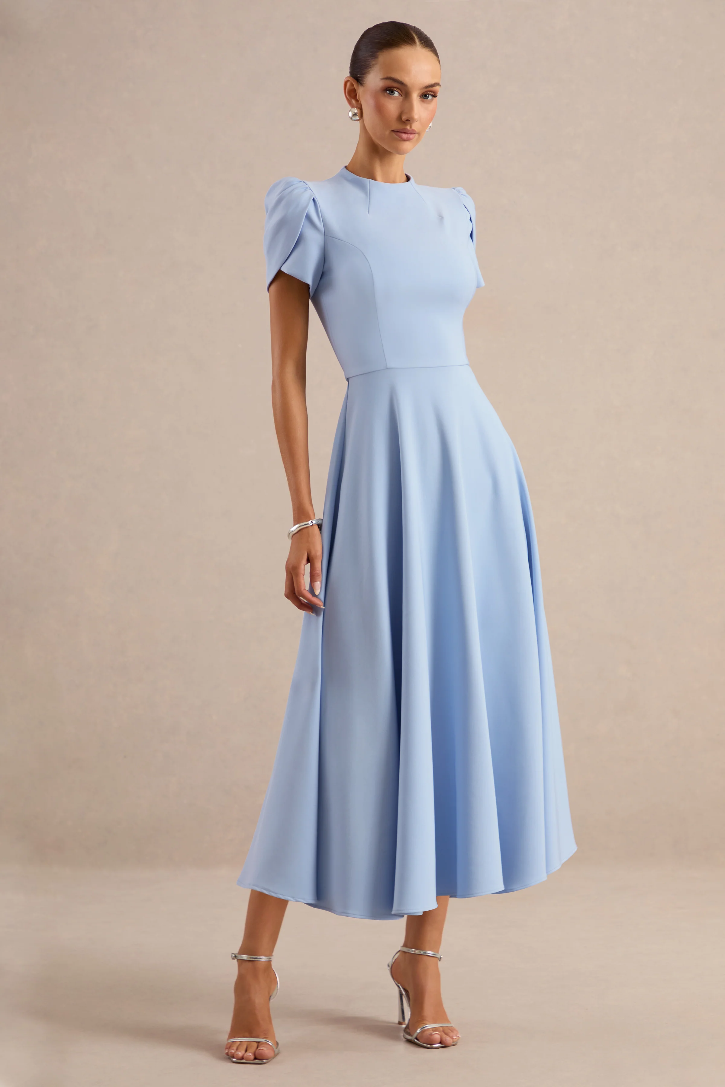 Vicky | Powder Blue High Neck Midi Dress With Puff Sleeves