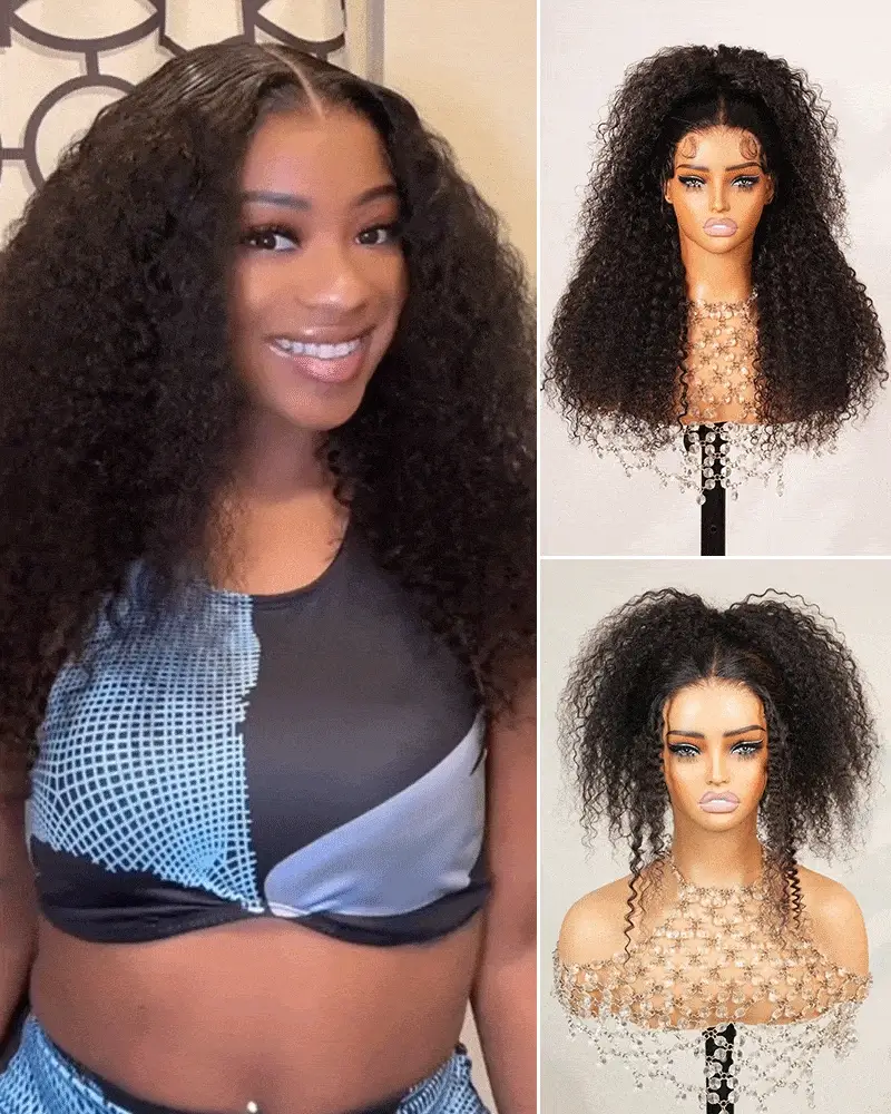 Ophirawig 3D Lace Half Wig Jerry Curly Wig Deep Curly  Natural Black Breathable & Security