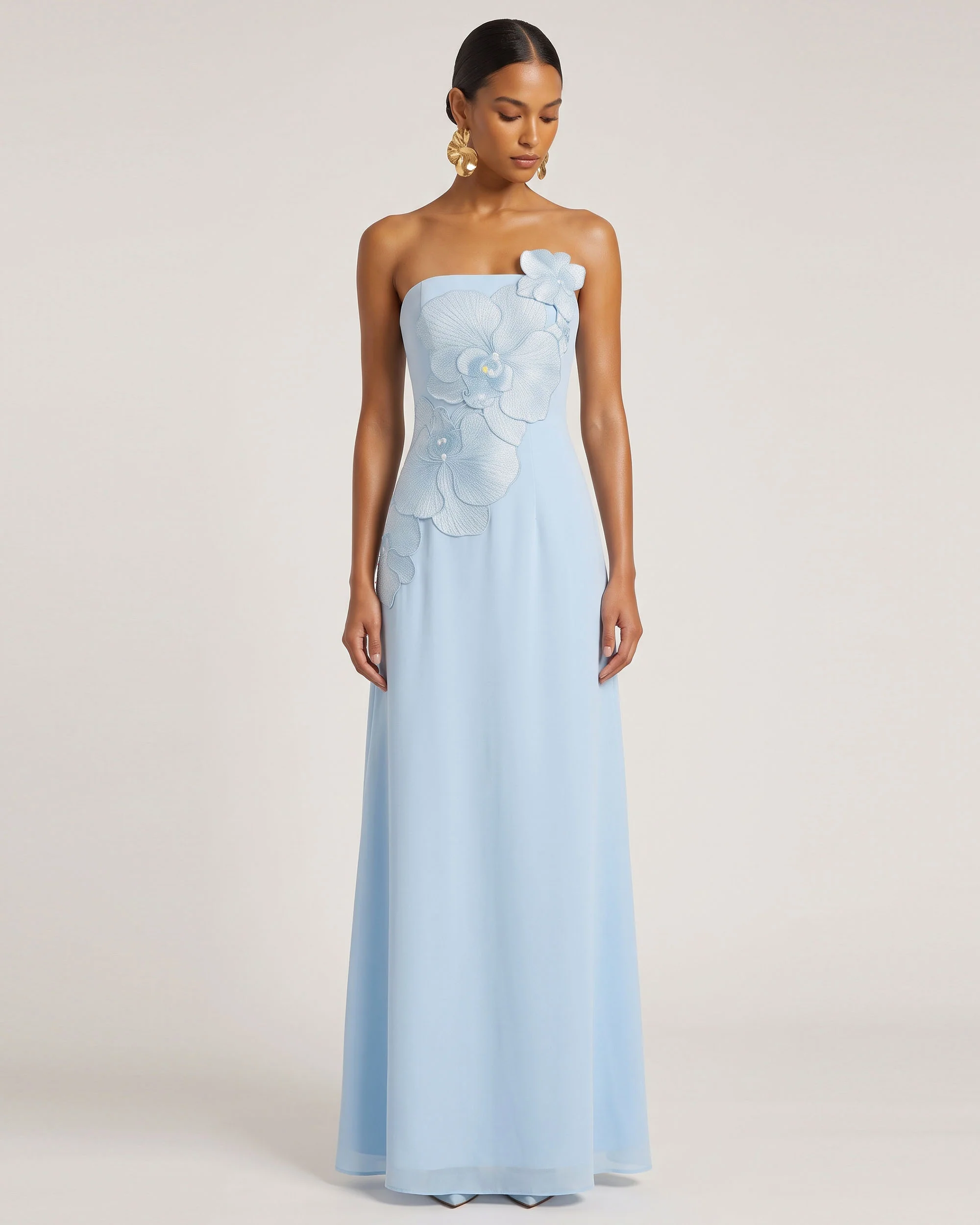 Orchid Embroidered Strapless A-Line Maxi Dress - Light Blue
