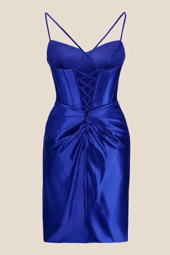Beaded Neck Royal Blue Ruched Short Dress