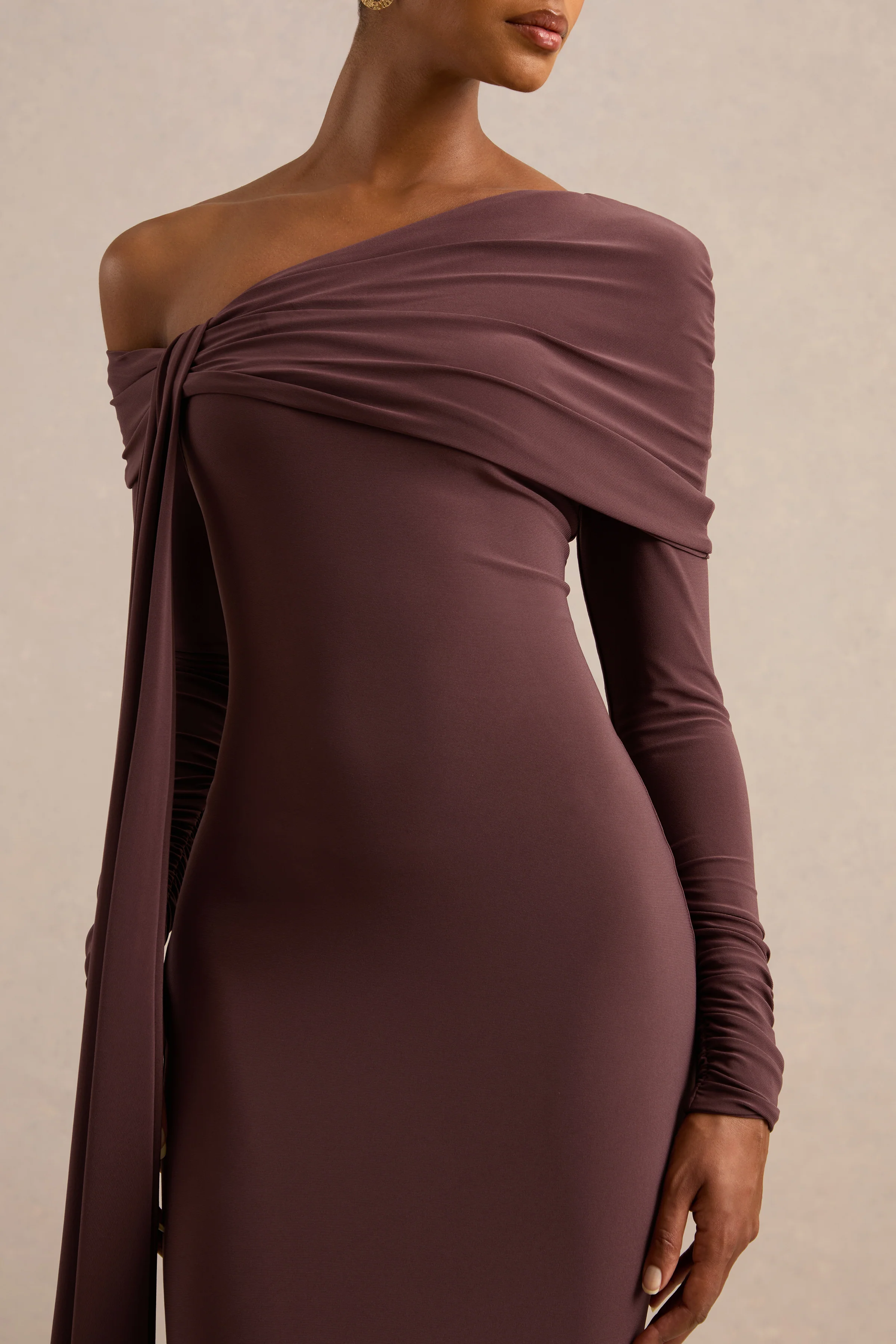 Faeryn | Dark Brown Jersey One Shoulder Long Sleeve Maxi Dress With Sash