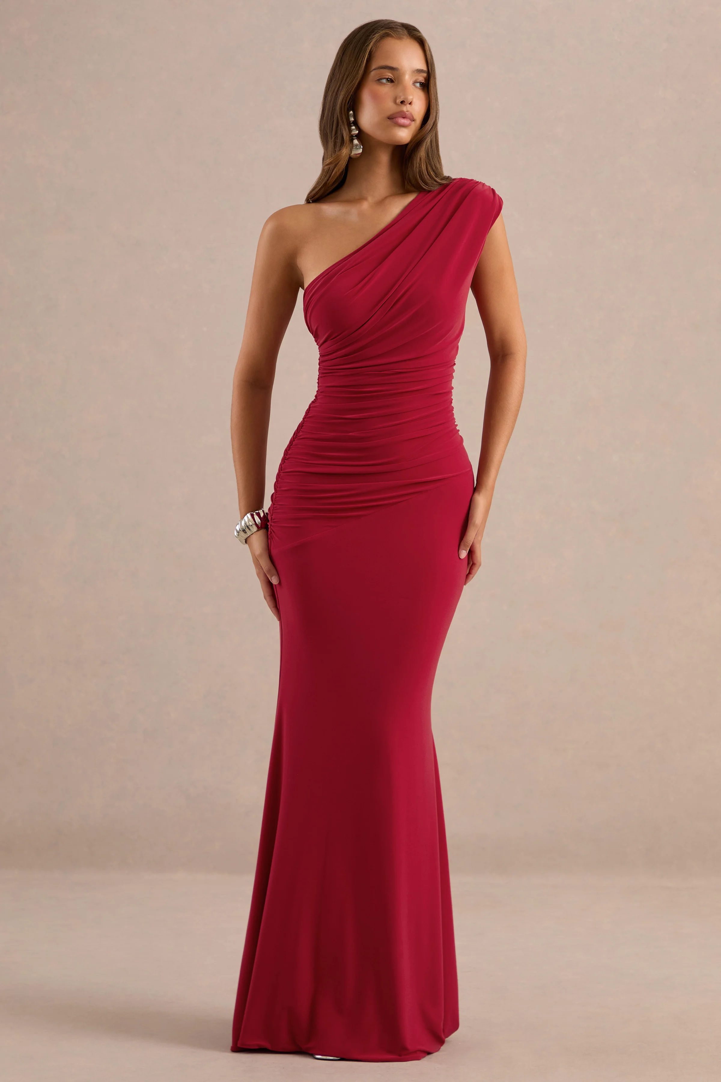 Mardi | Red Asymmetric Maxi Dress With Ruching
