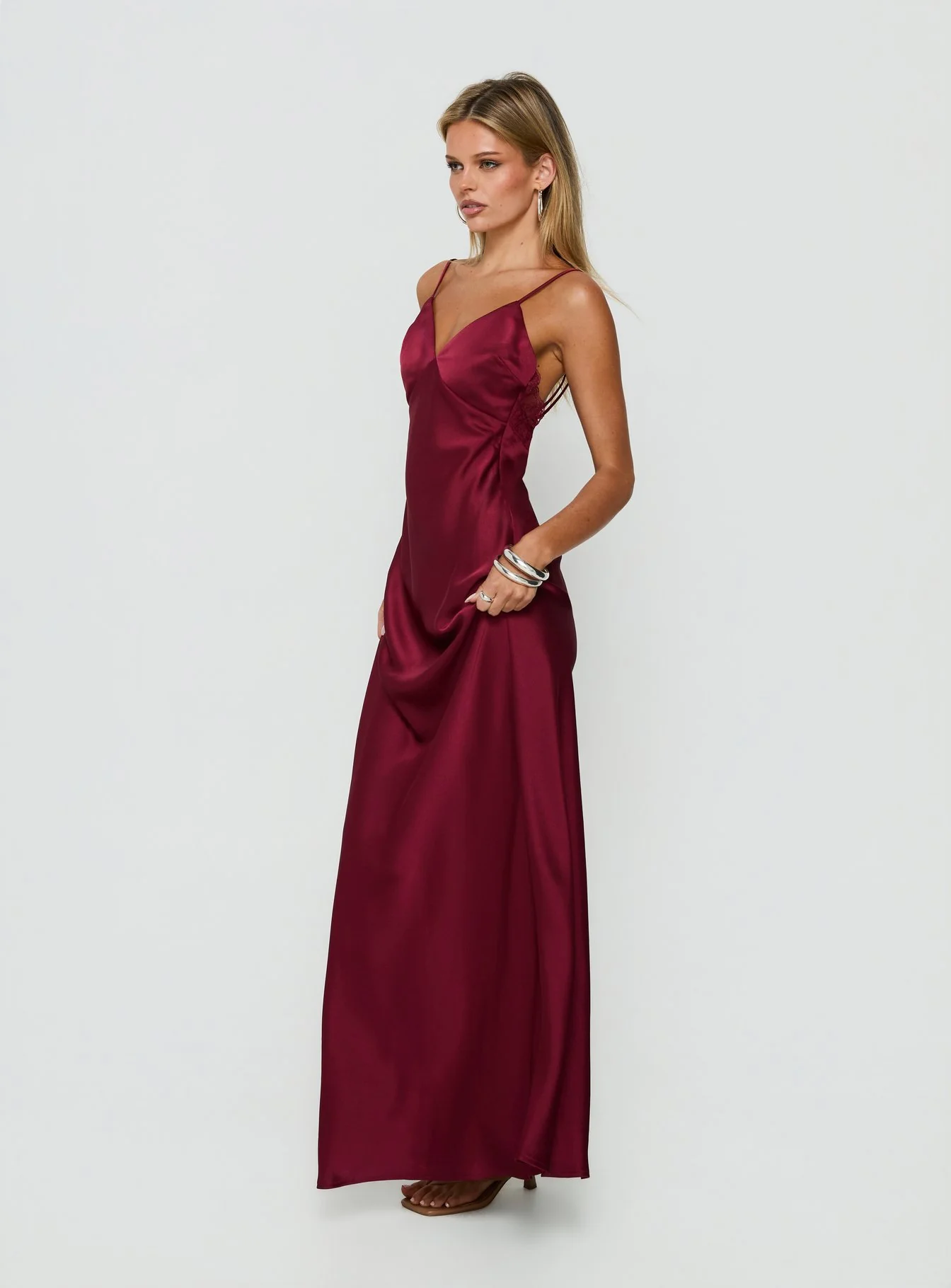 Flip A Switch Satin Lace Slip Maxi Dress Burgundy