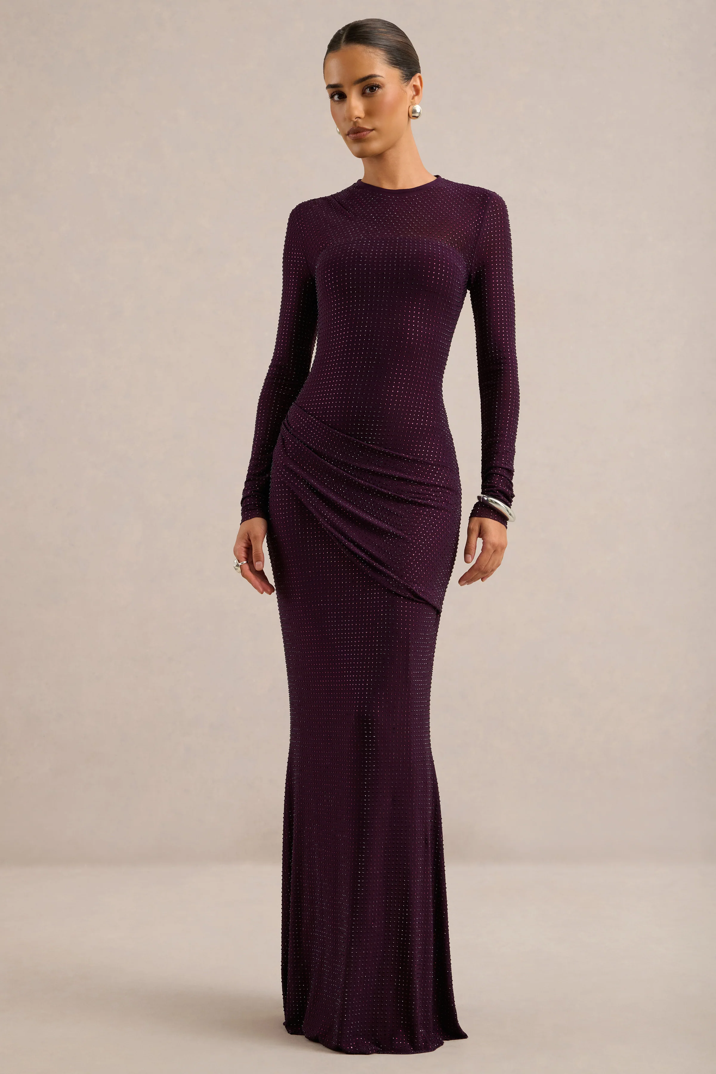 Alvena | Purple Embellished Jersey High Neck Long Sleeve Maxi Dress With Draped Detailing
