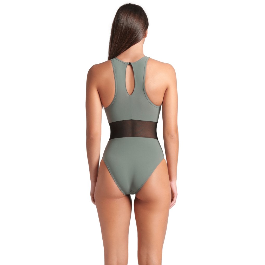 arena Feel Mesh Panel Vent Back Swimsuit Women - Sage