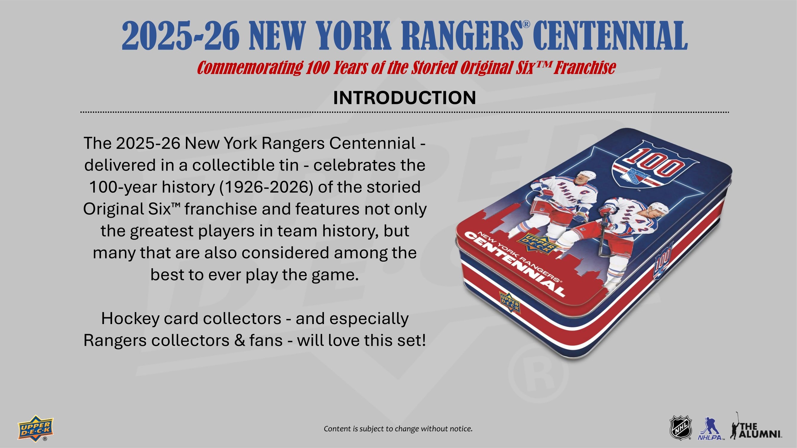 2025/26 Upper Deck New York Rangers 100 Years Centennial Hockey Hobby Tin