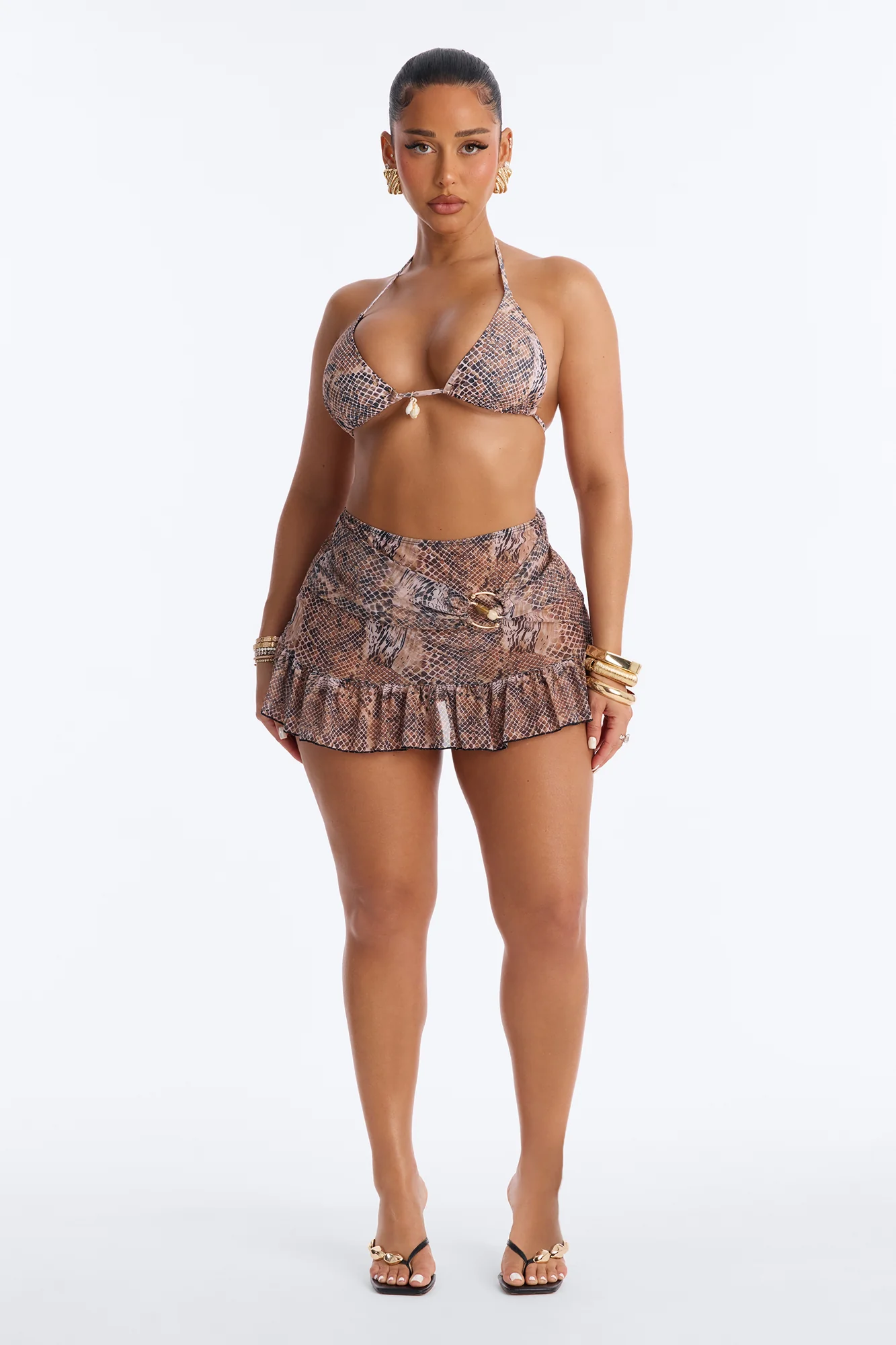 Summer Vixen 3 Piece Snakeskin Triangle Bikini Skirt Set - Leopard