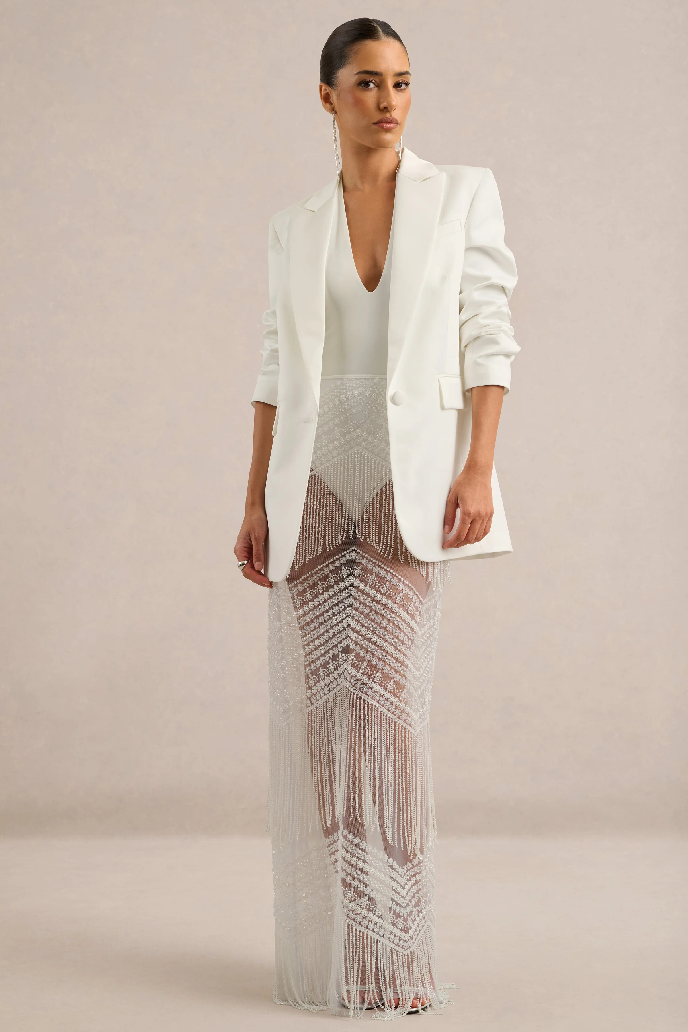 Senna | White Embellished Sheer High Waist Maxi Skirt With Fringe Detailing